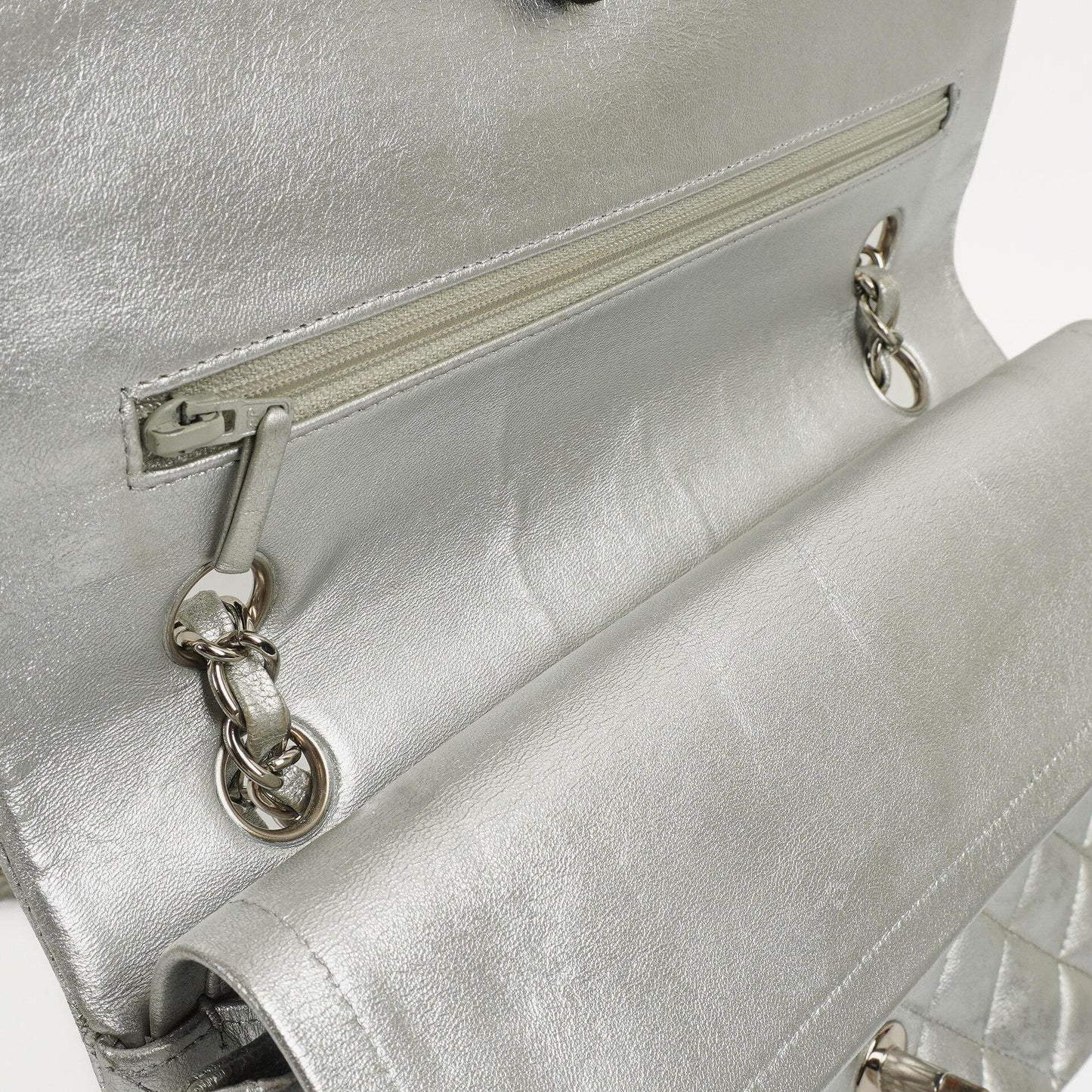Chanel Classic Double Flap Bag Metallic Silver Quilted Lambskin With Silver-Tone Hardware