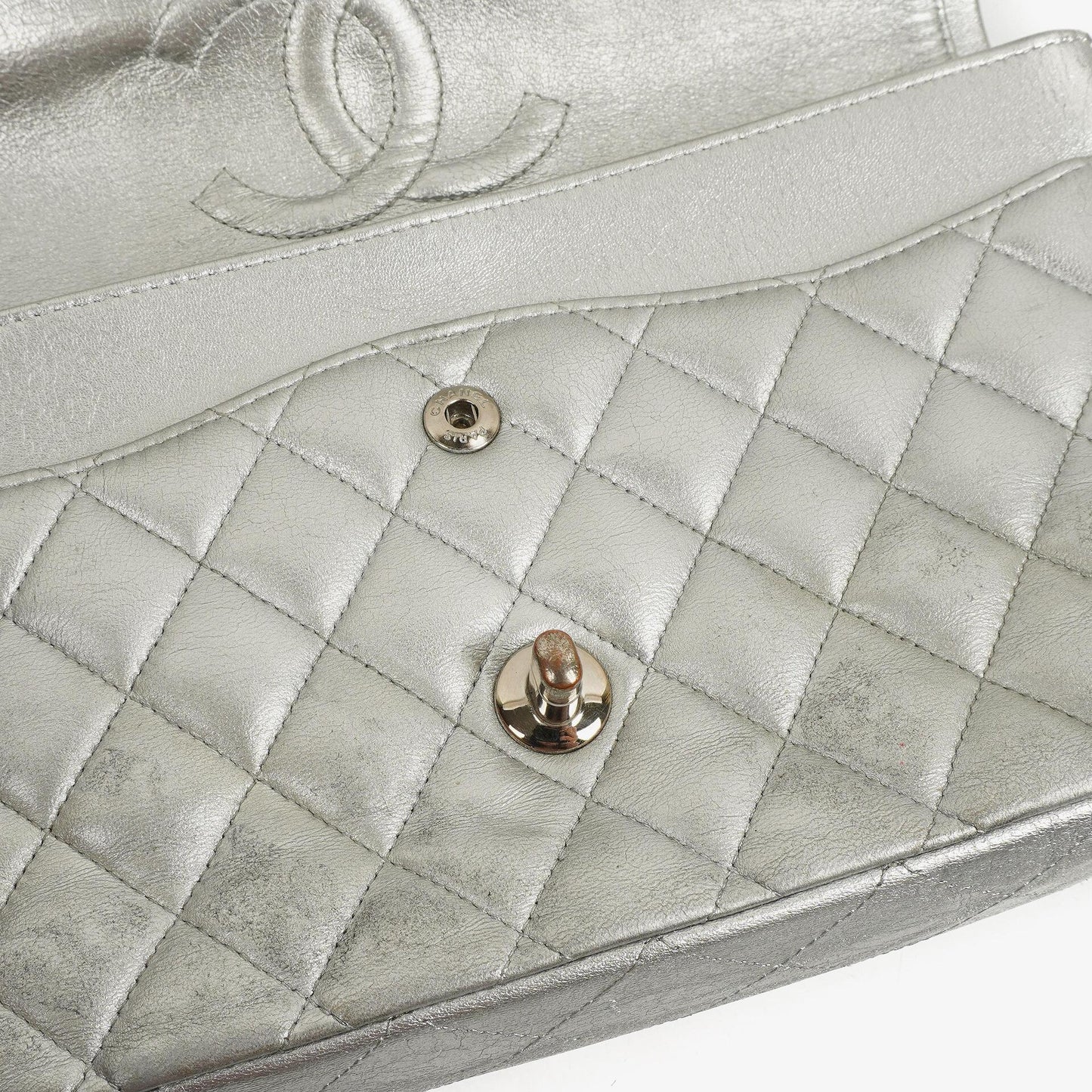 Chanel Classic Double Flap Bag Metallic Silver Quilted Lambskin With Silver-Tone Hardware