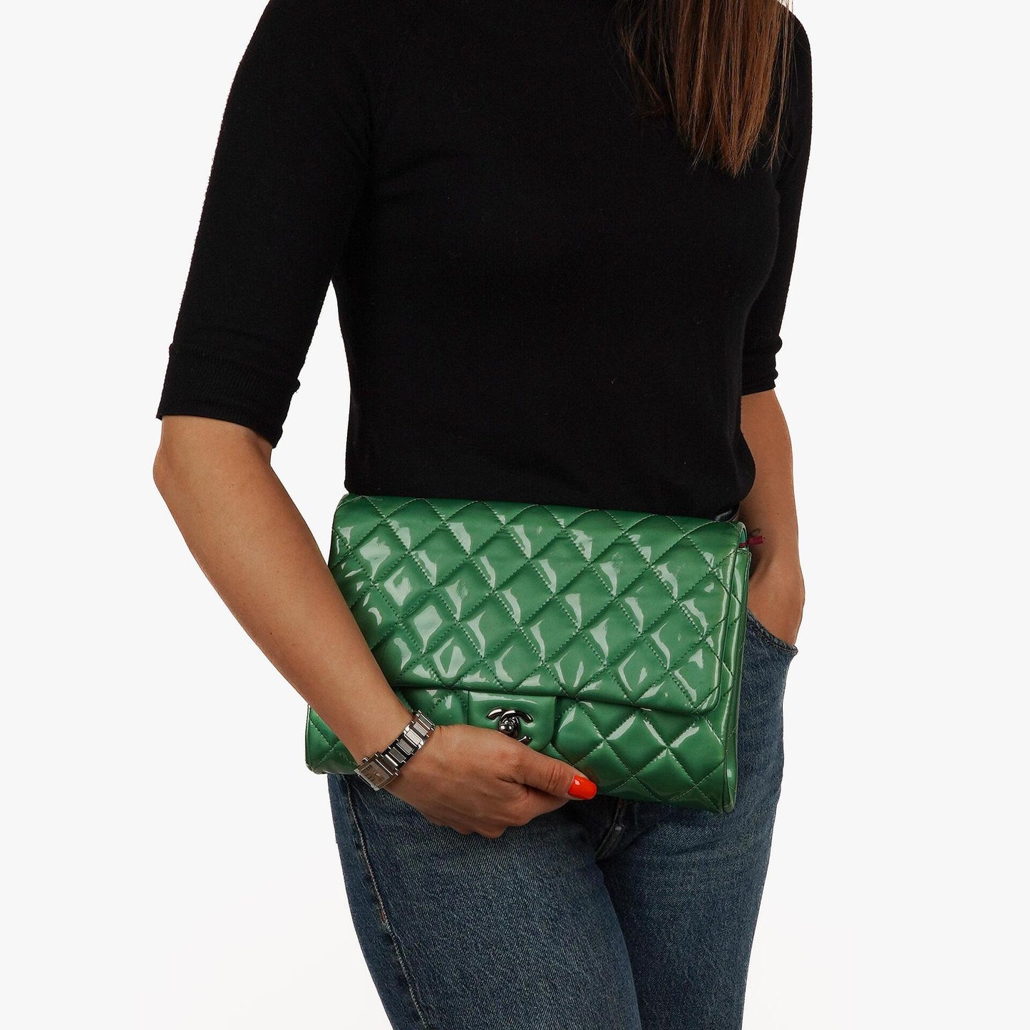Chanel Classic Flap Clutch With Chain Green Quilted Patent Leather With Silver-Tone Hardware