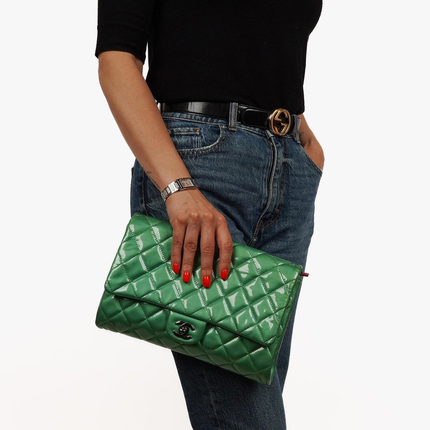 Chanel Classic Flap Clutch With Chain Green Quilted Patent Leather With Silver-Tone Hardware