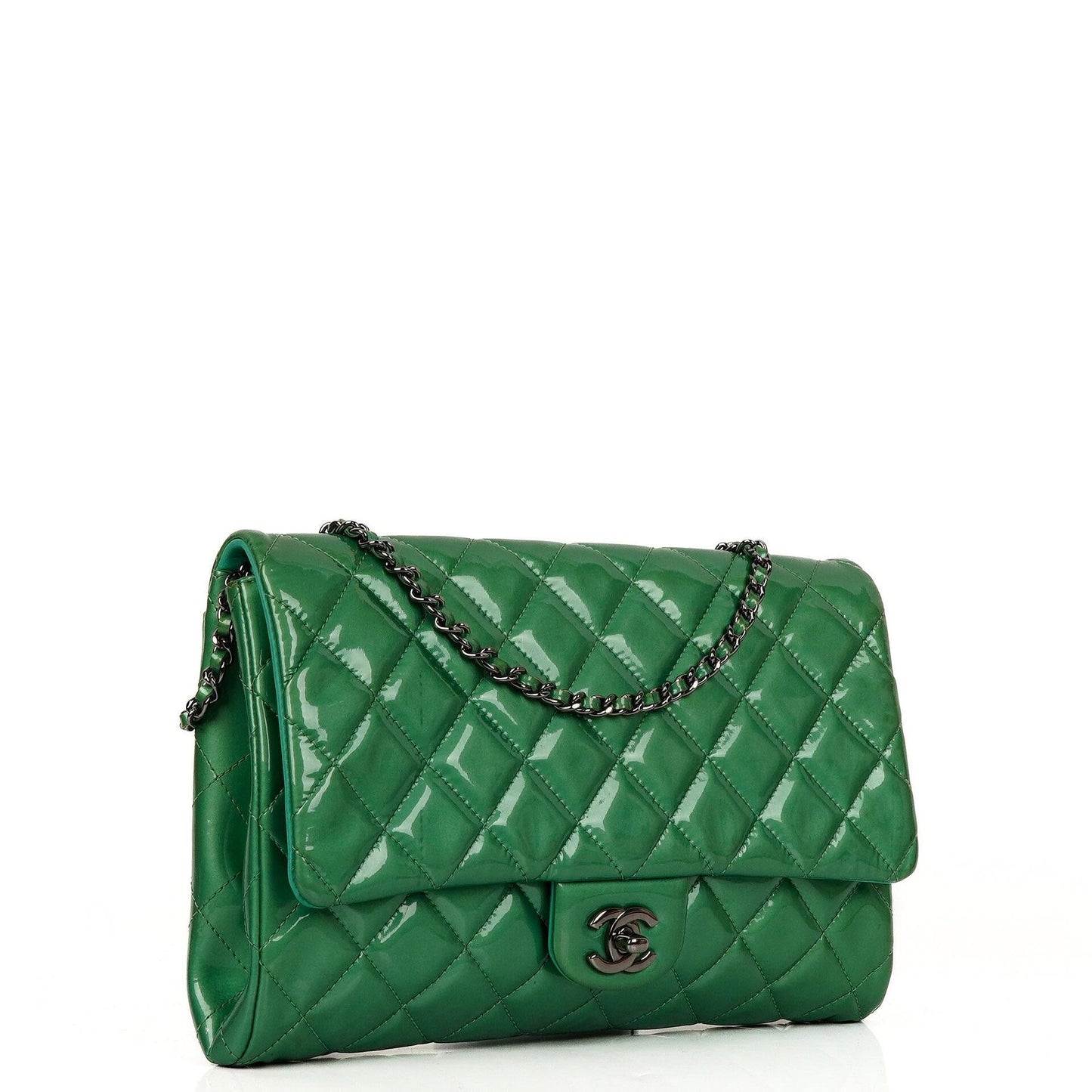 Chanel Classic Flap Clutch With Chain Green Quilted Patent Leather With Silver-Tone Hardware