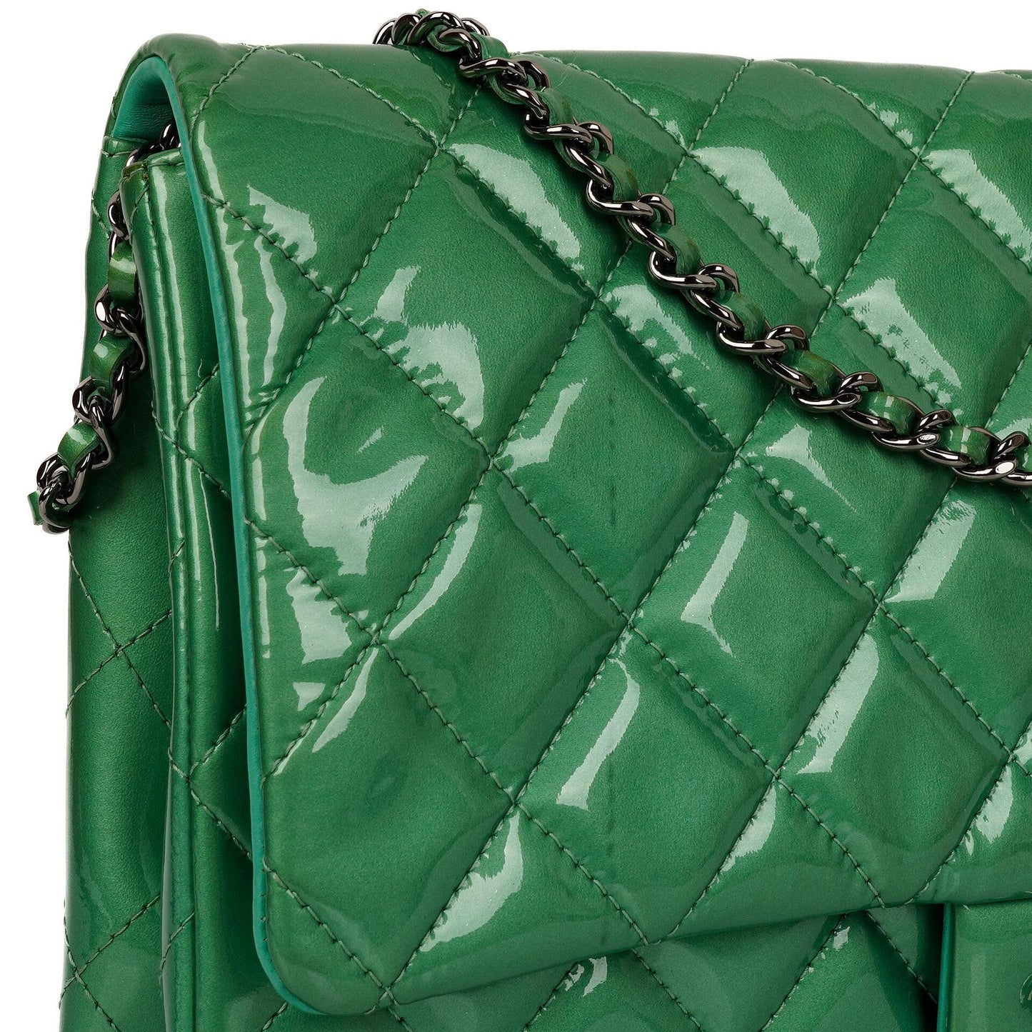 Chanel Classic Flap Clutch With Chain Green Quilted Patent Leather With Silver-Tone Hardware