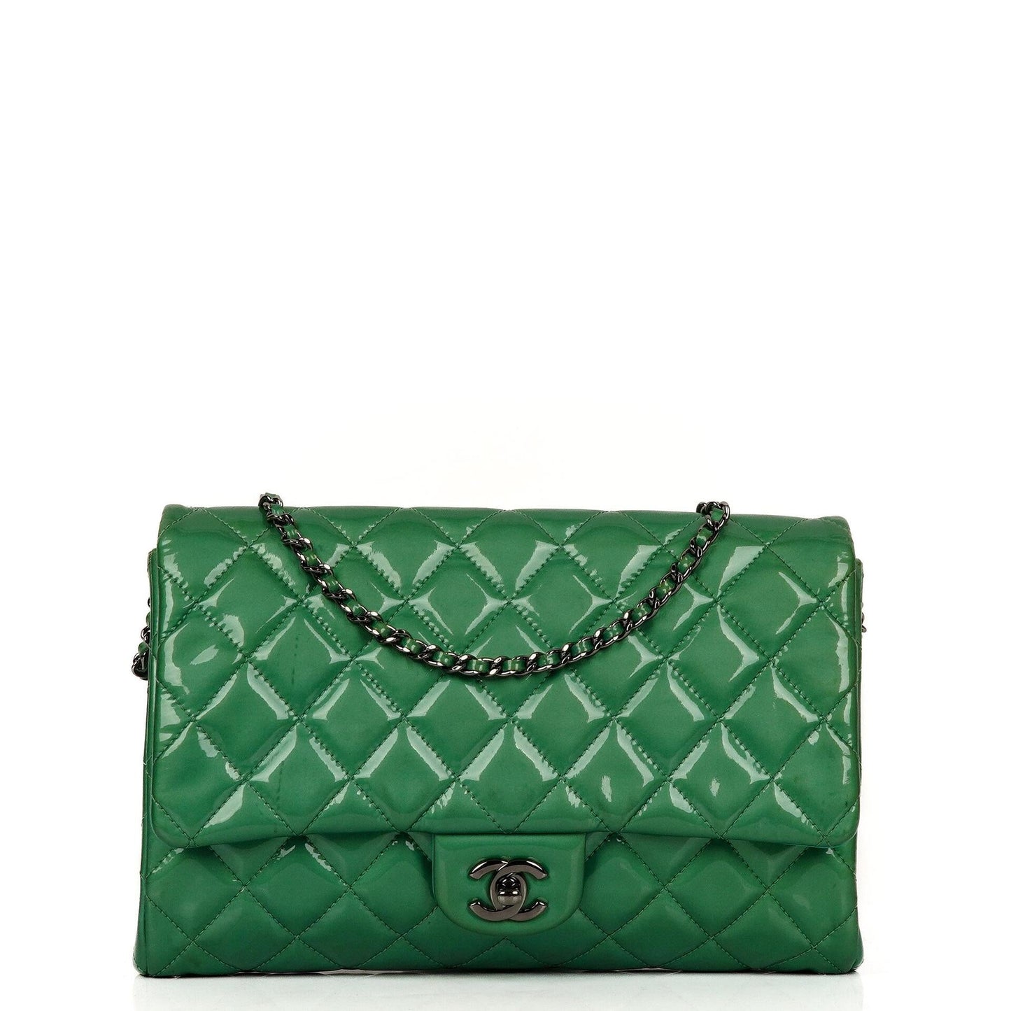 Chanel Classic Flap Clutch With Chain Green Quilted Patent Leather With Silver-Tone Hardware