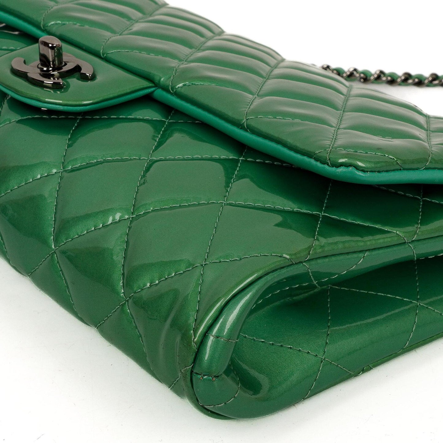 Chanel Classic Flap Clutch With Chain Green Quilted Patent Leather With Silver-Tone Hardware