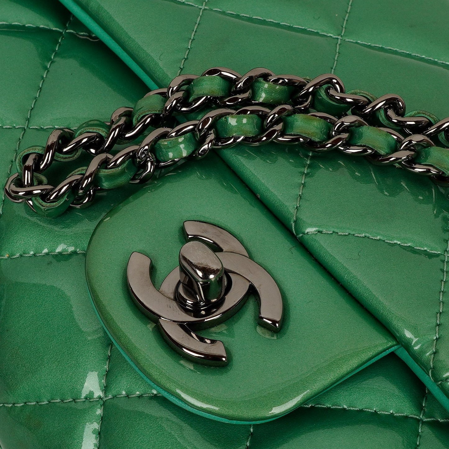 Chanel Classic Flap Clutch With Chain Green Quilted Patent Leather With Silver-Tone Hardware