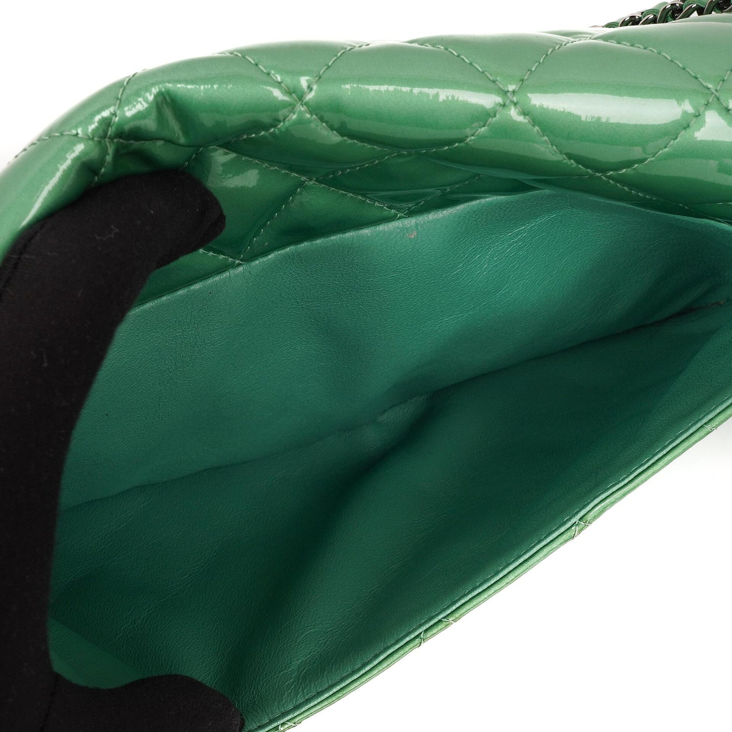 Chanel Classic Flap Clutch With Chain Green Quilted Patent Leather With Silver-Tone Hardware