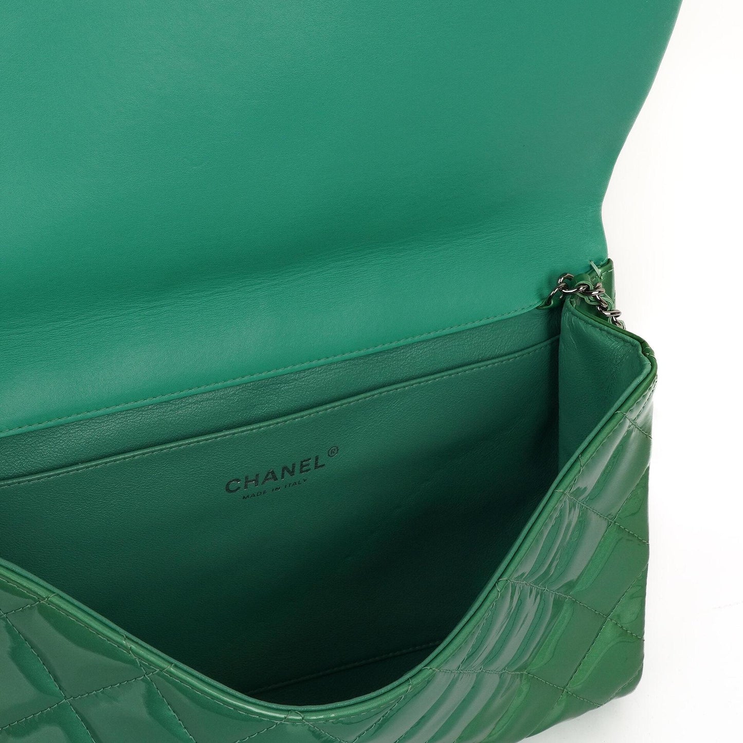Chanel Classic Flap Clutch With Chain Green Quilted Patent Leather With Silver-Tone Hardware