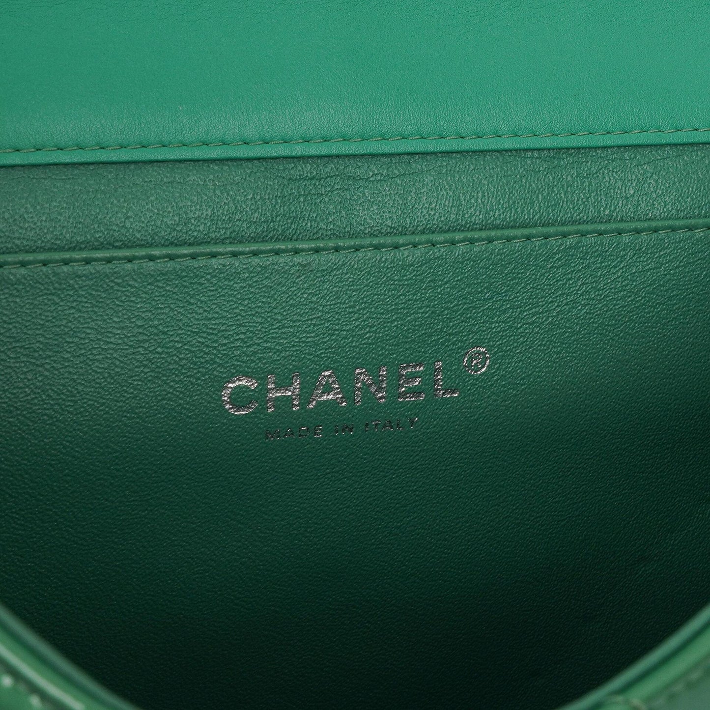 Chanel Classic Flap Clutch With Chain Green Quilted Patent Leather With Silver-Tone Hardware