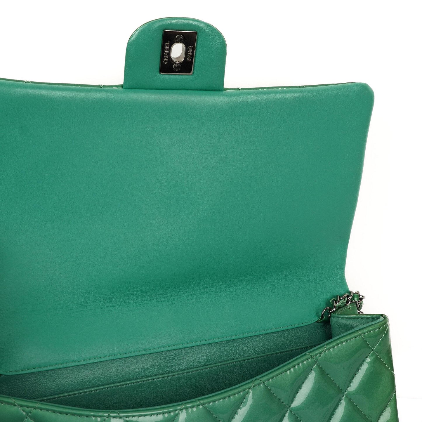 Chanel Classic Flap Clutch With Chain Green Quilted Patent Leather With Silver-Tone Hardware