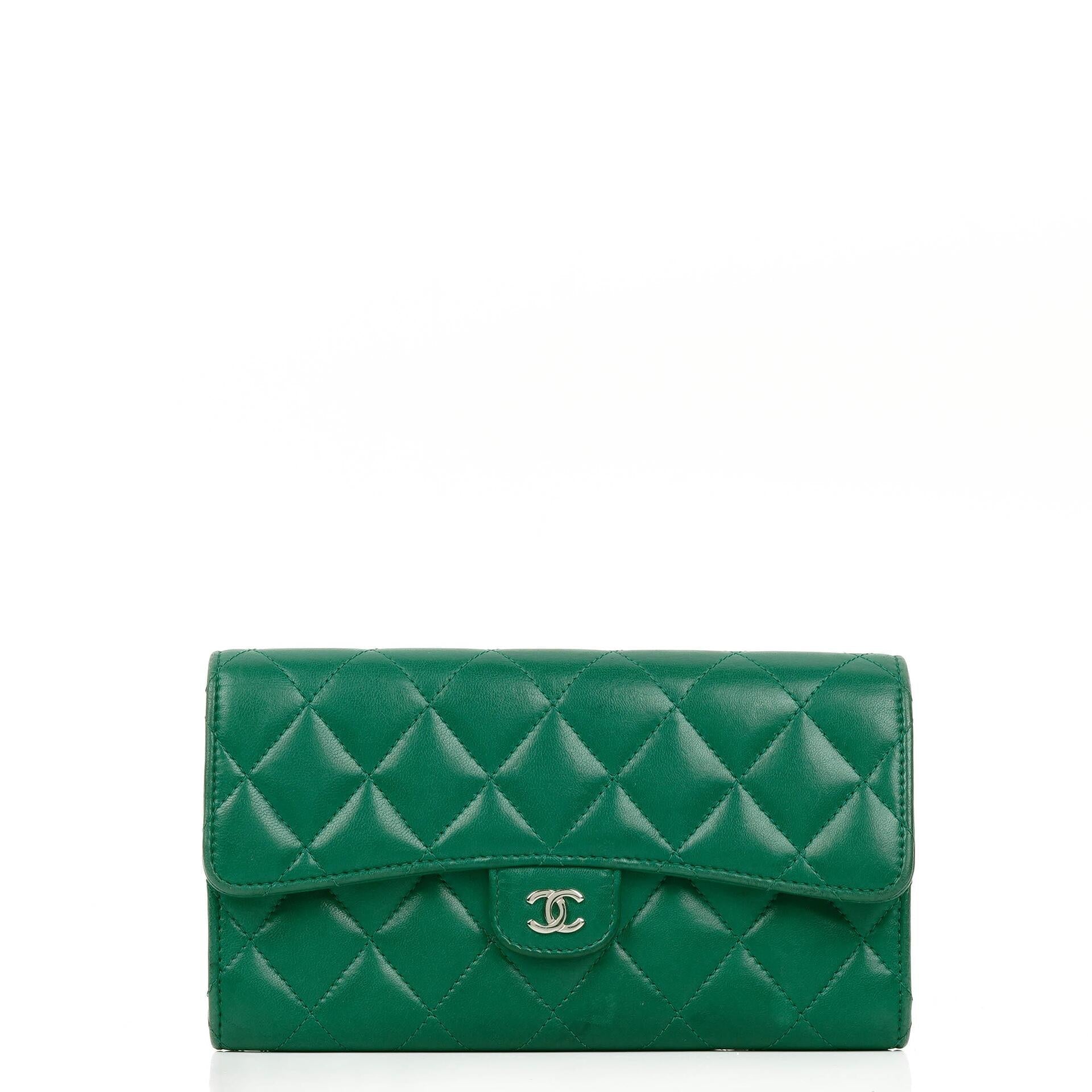 Chanel Classic Flap Long Wallet In Green Quilted Leather