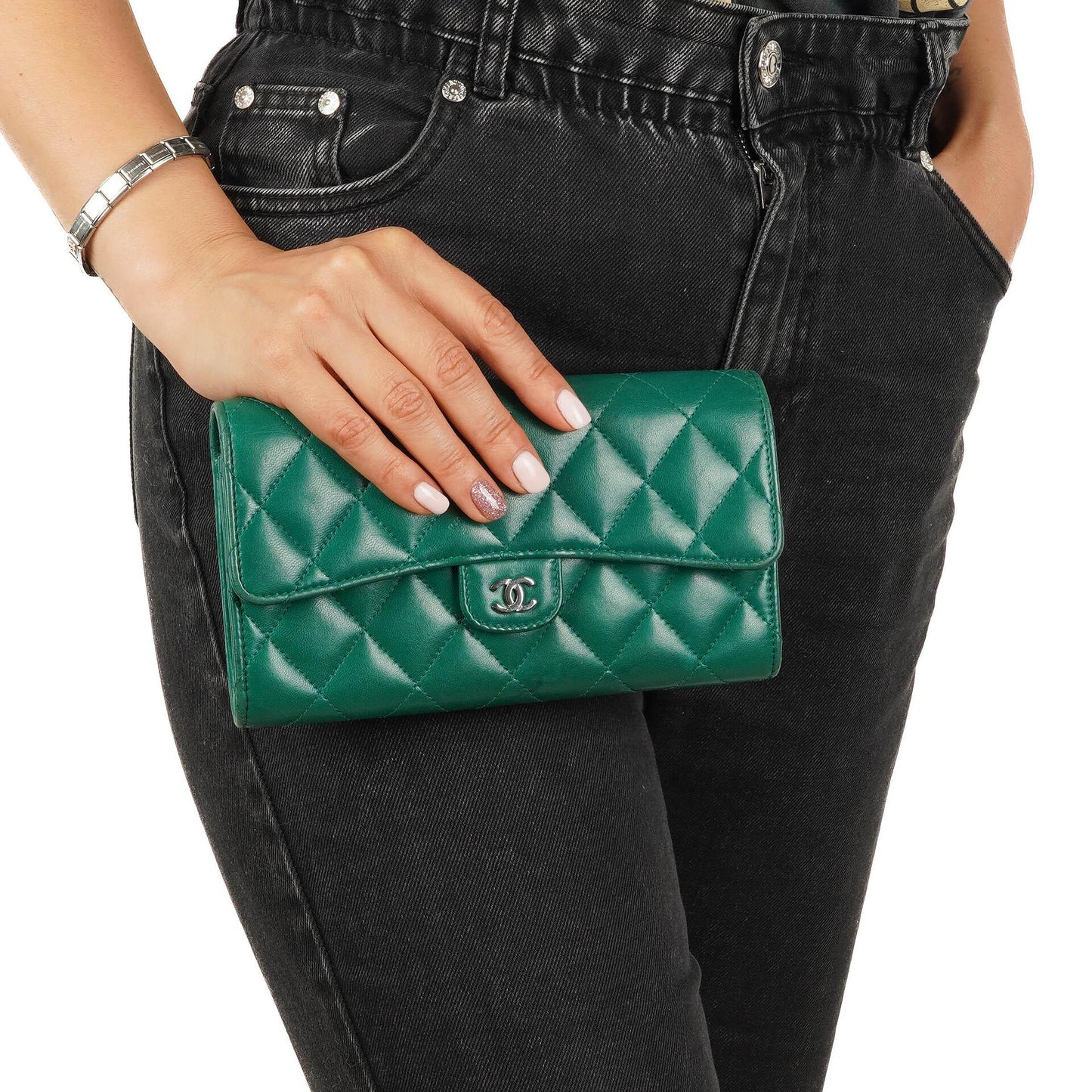 Chanel Classic Flap Long Wallet In Green Quilted Leather