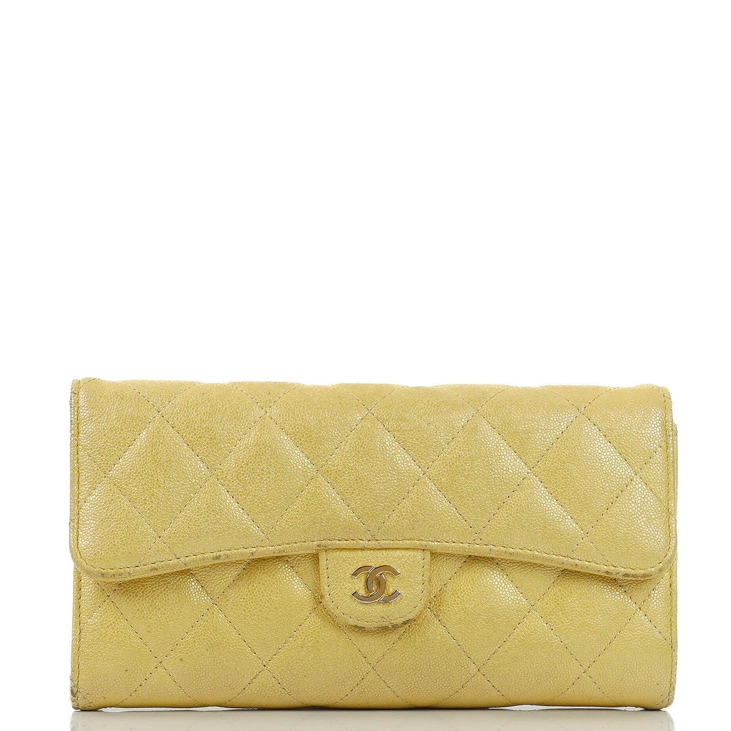 Chanel Classic Flap Wallet "Petite Maroquinerie" In Metallic Yellow Quilted Caviar Leather