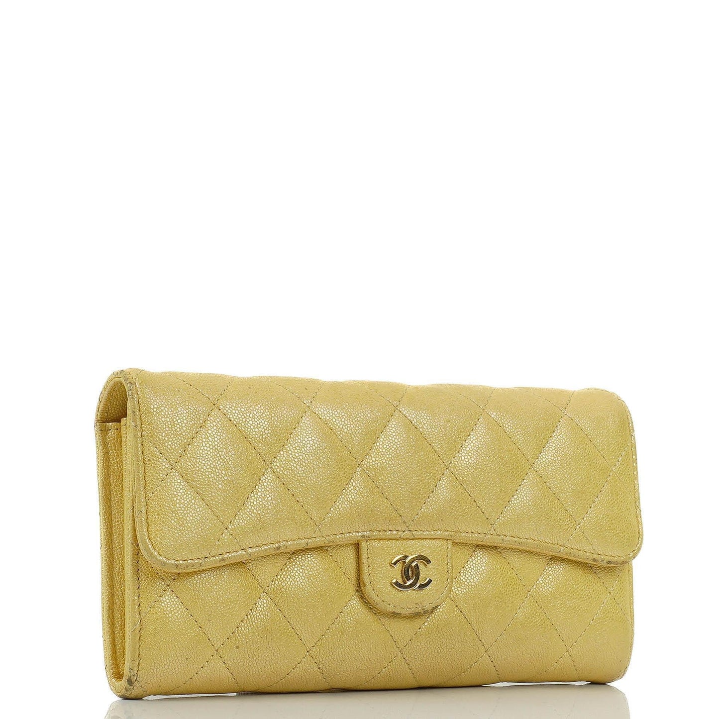 Chanel Classic Flap Wallet "Petite Maroquinerie" In Metallic Yellow Quilted Caviar Leather