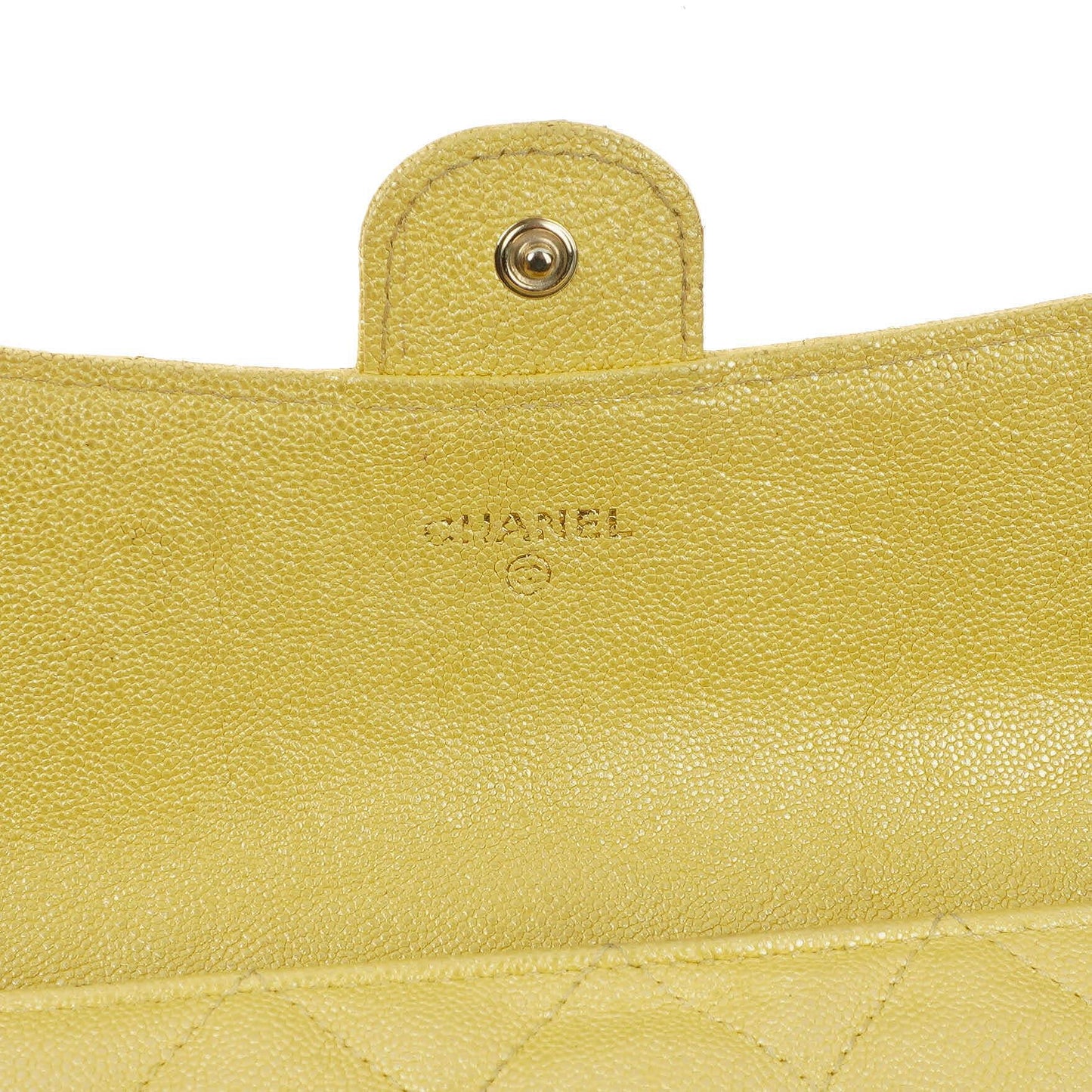 Chanel Classic Flap Wallet "Petite Maroquinerie" In Metallic Yellow Quilted Caviar Leather
