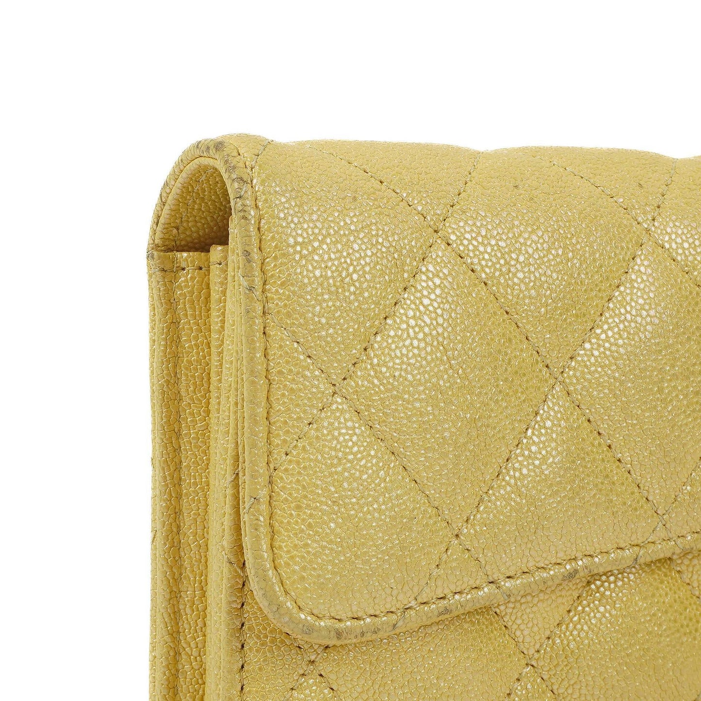 Chanel Classic Flap Wallet "Petite Maroquinerie" In Metallic Yellow Quilted Caviar Leather