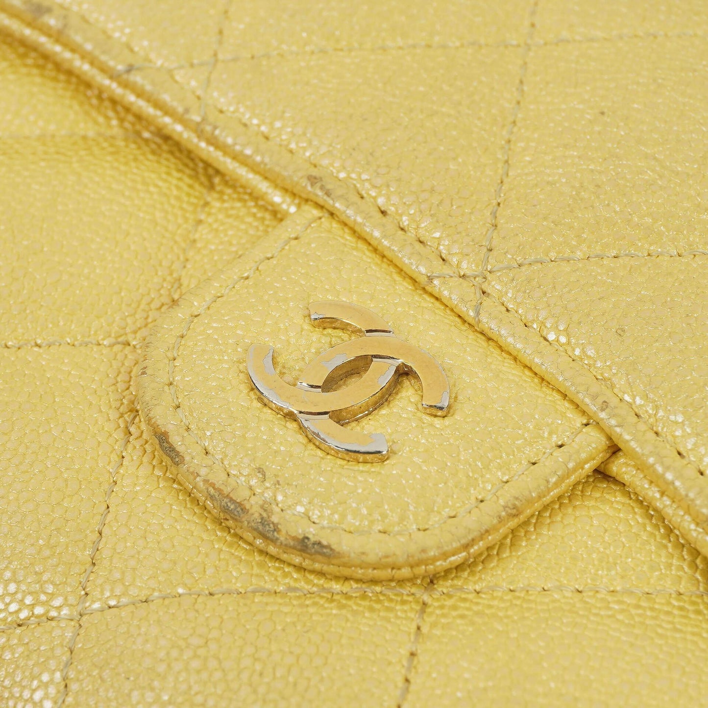 Chanel Classic Flap Wallet "Petite Maroquinerie" In Metallic Yellow Quilted Caviar Leather