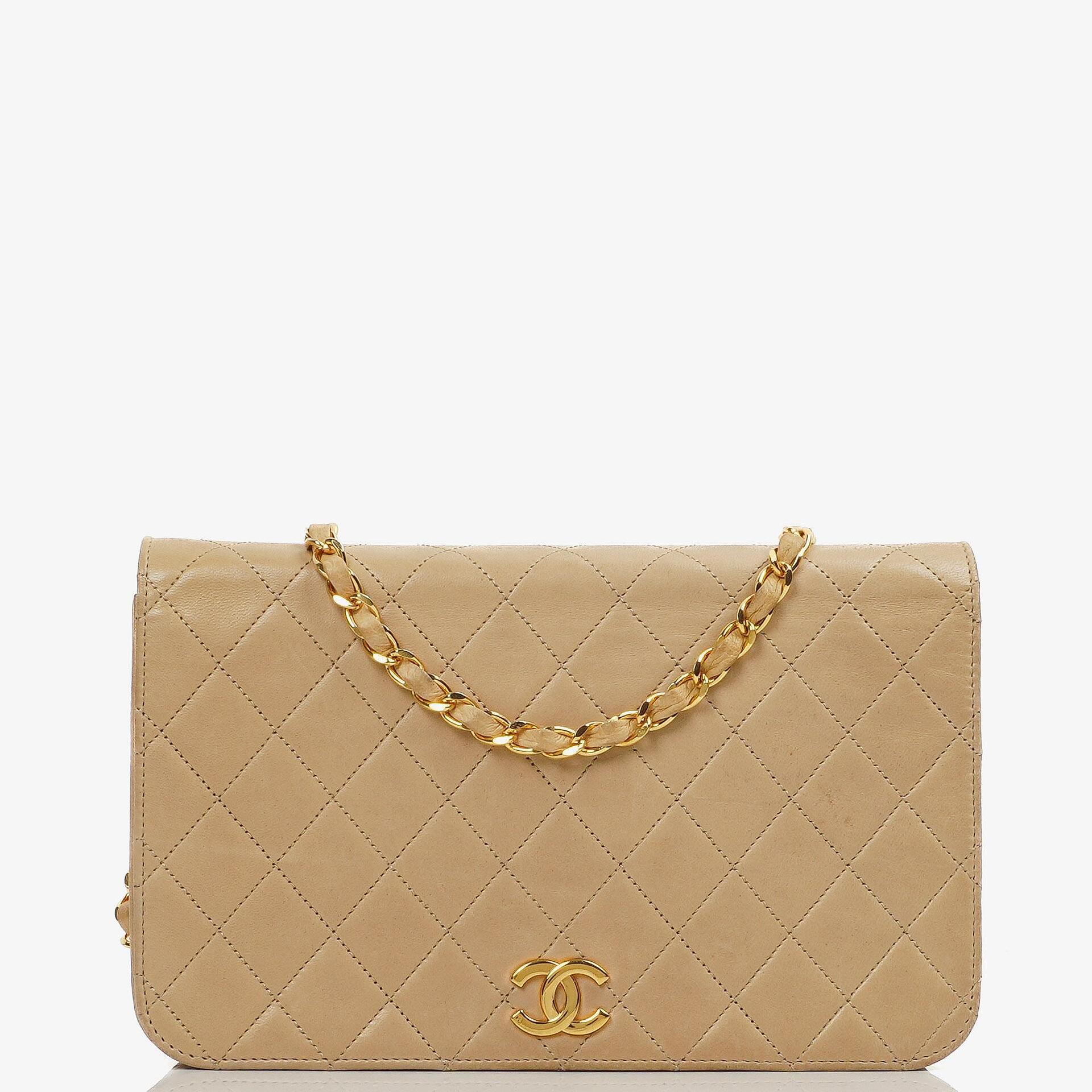 Chanel Classic Full Flap Bag Beige Quilted Lambskin 24K Gold-Plated Hardware