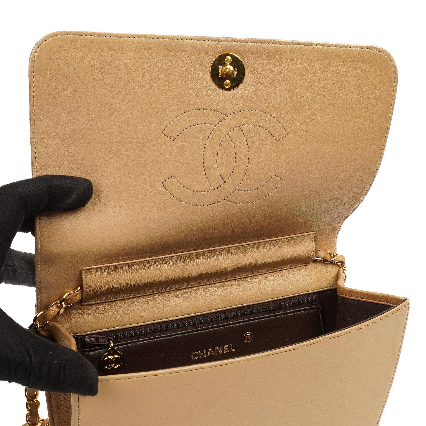 Chanel Classic Full Flap Bag Beige Quilted Lambskin 24K Gold-Plated Hardware