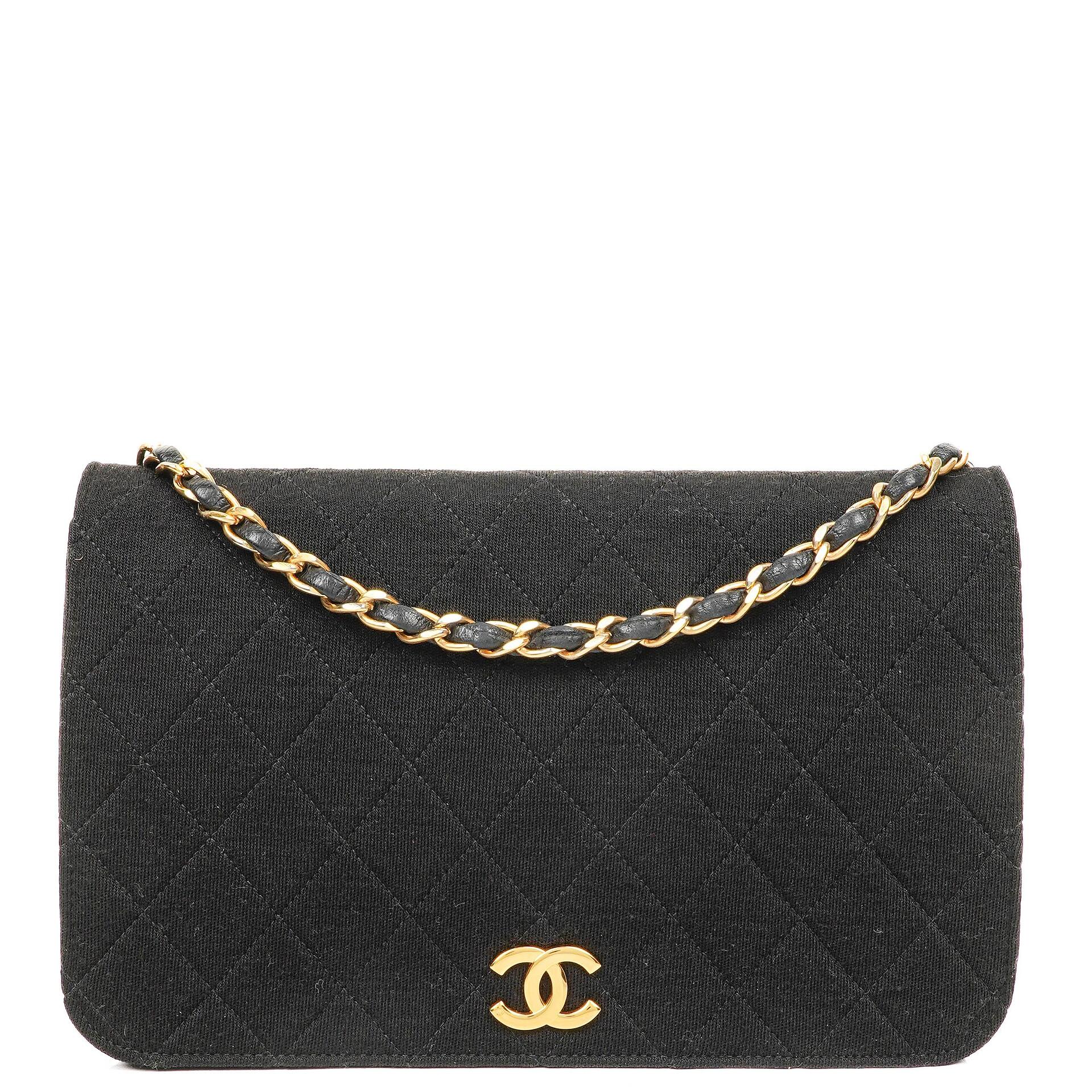 Chanel Classic Full Flap Bag Black Quilted Jersey and Leather, 24K Gold Plated Hardware, 1986-1988
