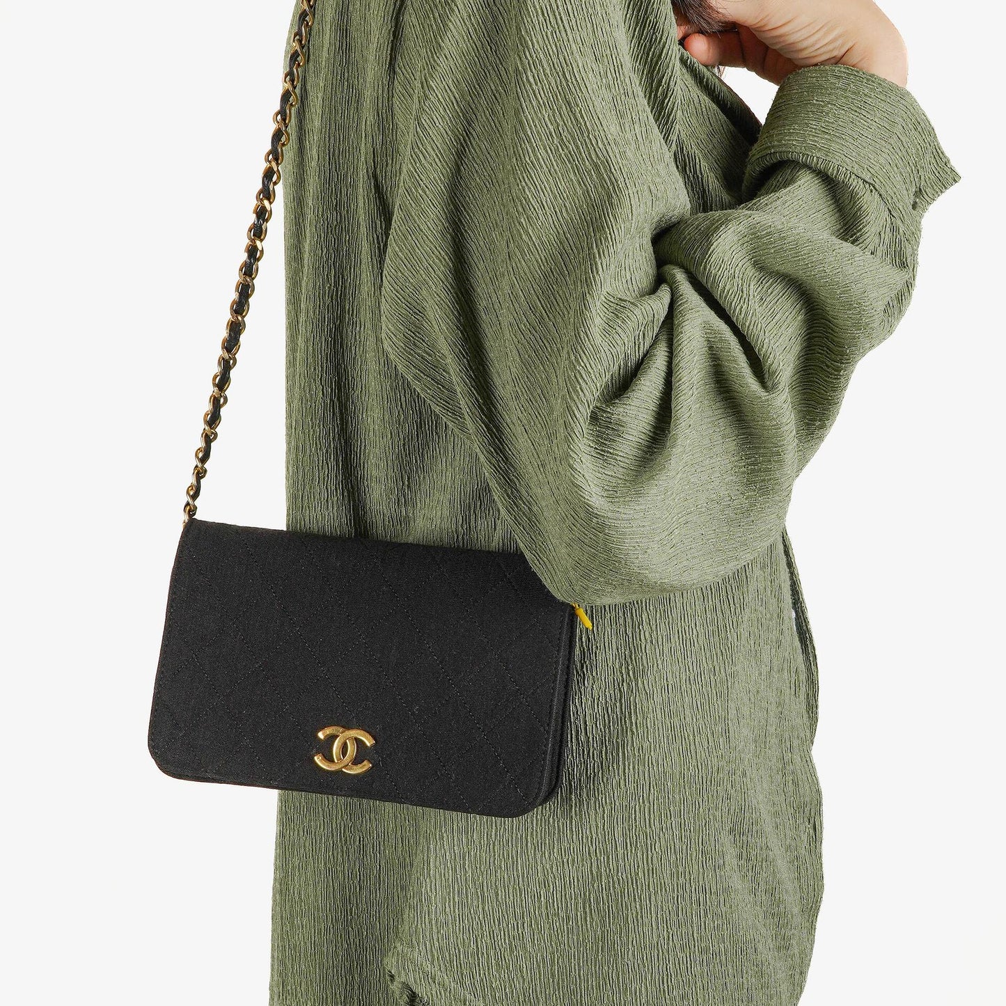 Chanel Classic Full Flap Bag Black Quilted Jersey And Leather 24K Gold-Plated Hardware