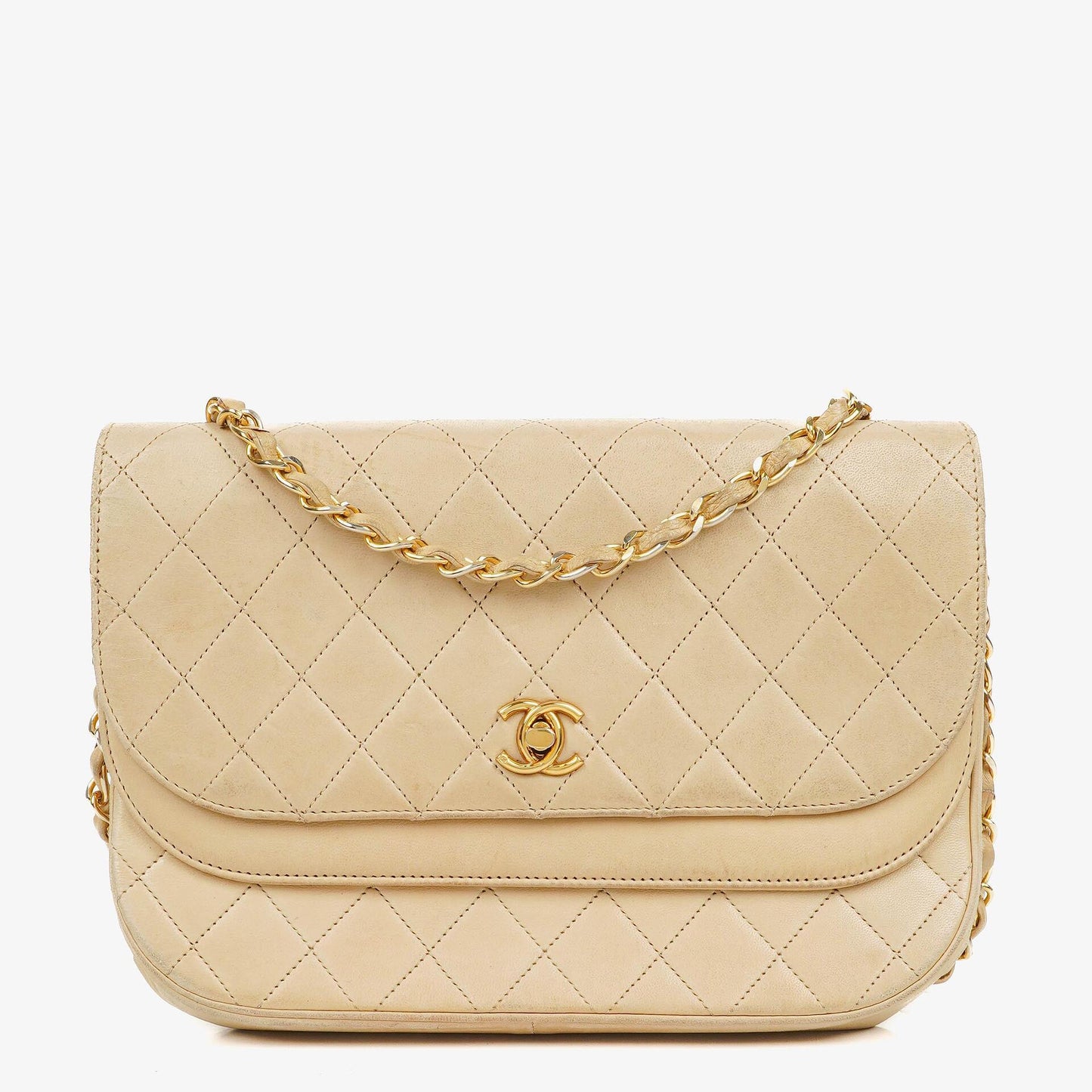 Chanel Classic Half Moon Double Flap Bag In Beige Quilted Lambskin And 24K Gold-Plated Hardware