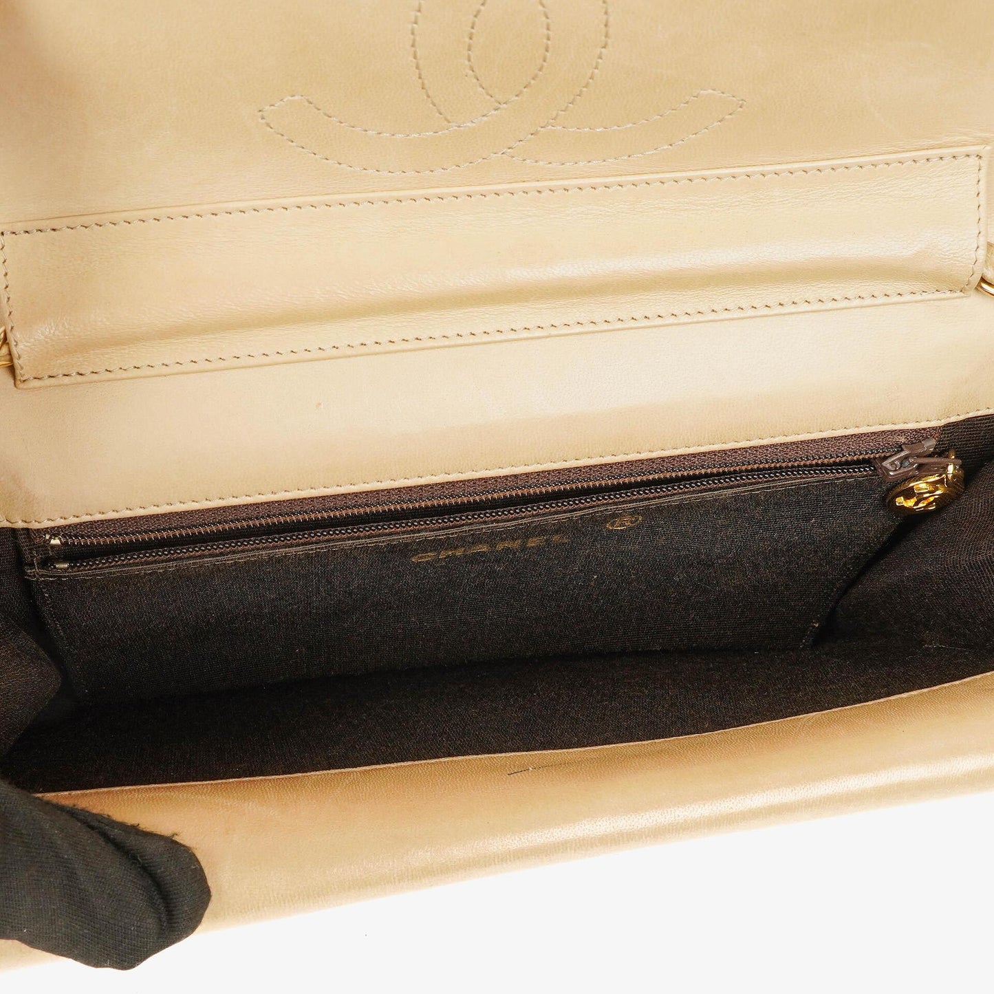 Chanel Classic Half Moon Double Flap Bag In Beige Quilted Lambskin And 24K Gold-Plated Hardware