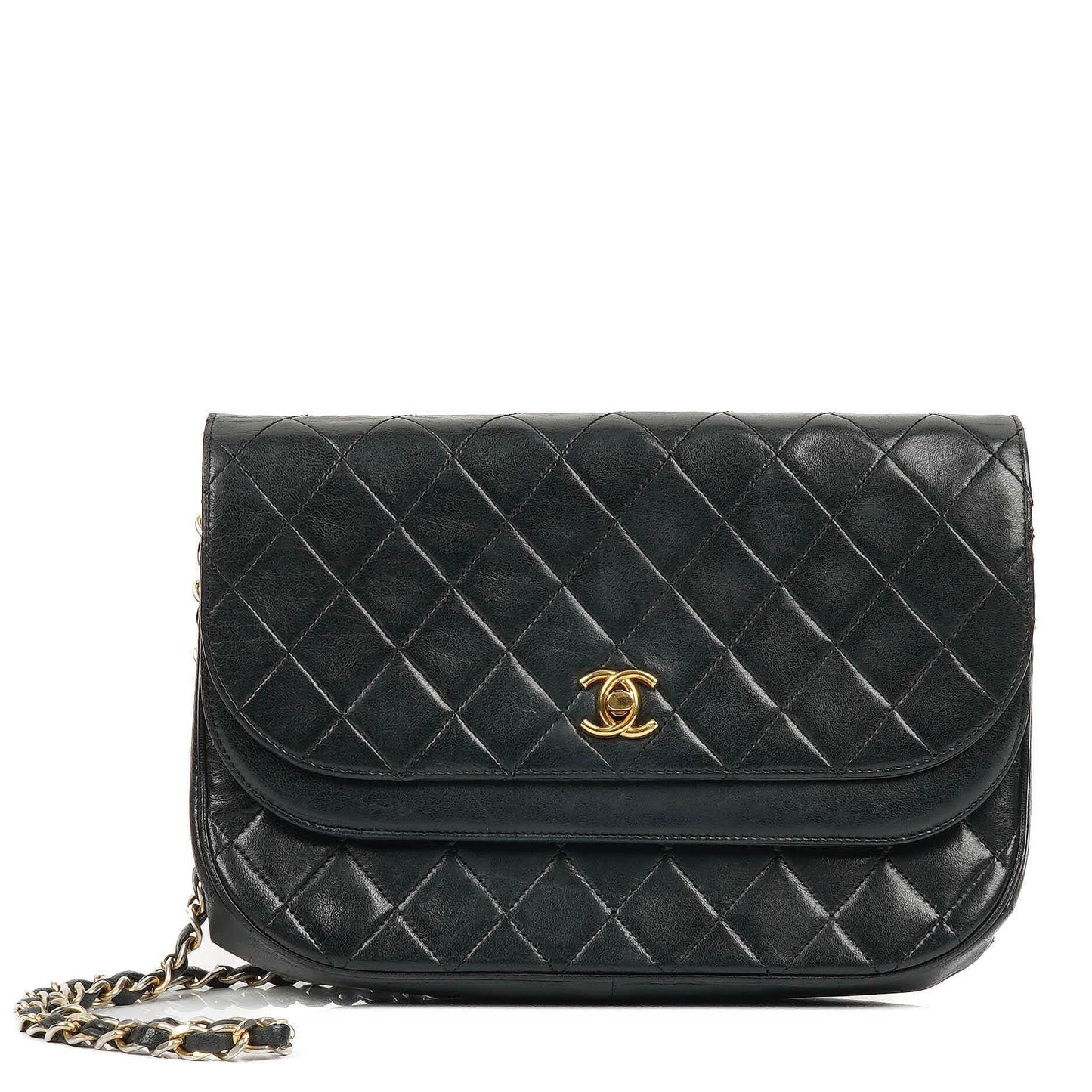 Chanel Classic Half Moon Double Flap Bag In Black Quilted Lambskin And 24K Gold-Plated Hardware