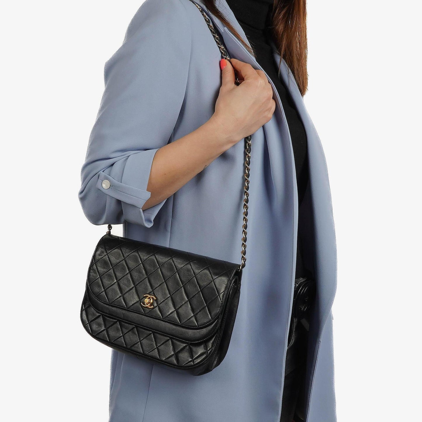Chanel Classic Half Moon Double Flap Bag In Black Quilted Lambskin And 24K Gold-Plated Hardware