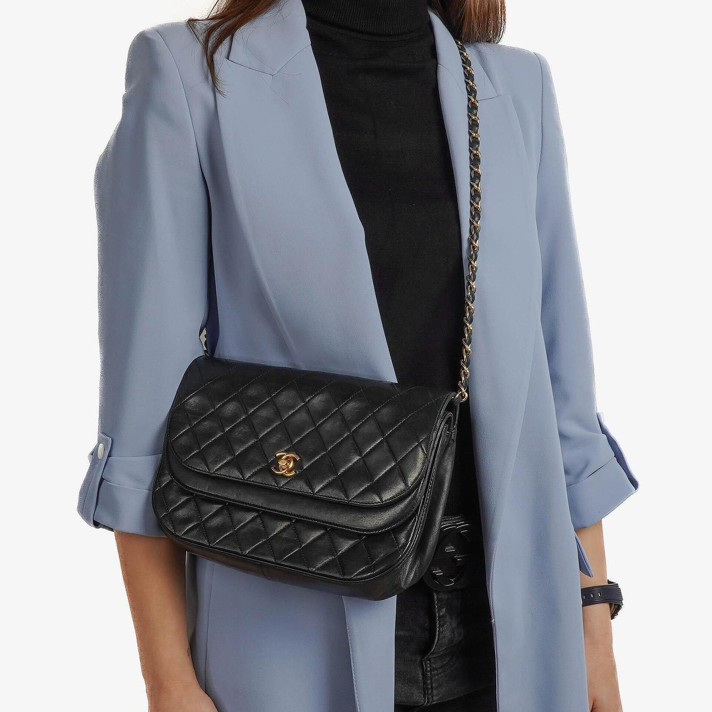 Chanel Classic Half Moon Double Flap Bag In Black Quilted Lambskin And 24K Gold-Plated Hardware
