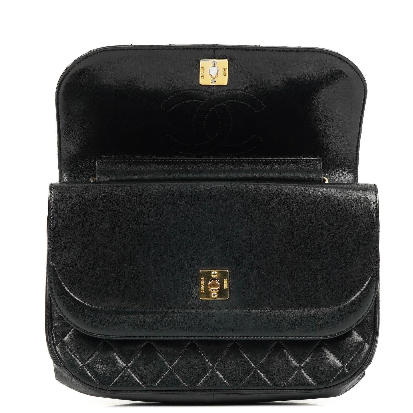 Chanel Classic Half Moon Double Flap Bag In Black Quilted Lambskin And 24K Gold-Plated Hardware