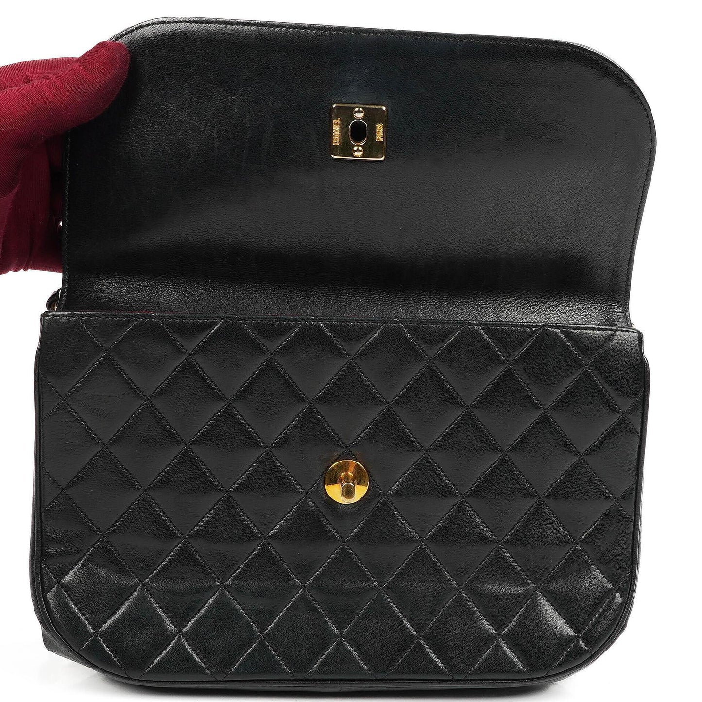 Chanel Classic Half Moon Double Flap Bag In Black Quilted Lambskin And 24K Gold-Plated Hardware
