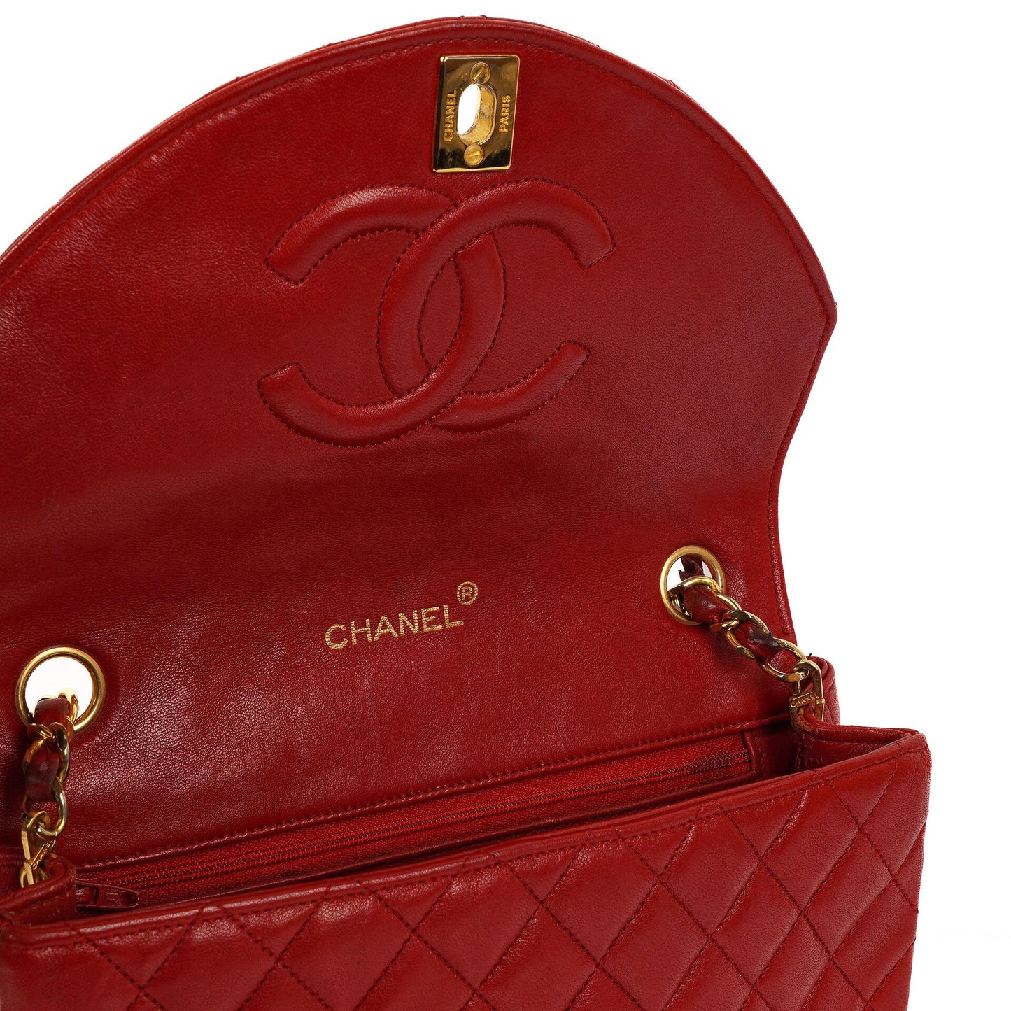 Chanel Classic Half-Moon Single Flap Bag Red Quilted Lambskin With 24K Gold-Plated Hardware