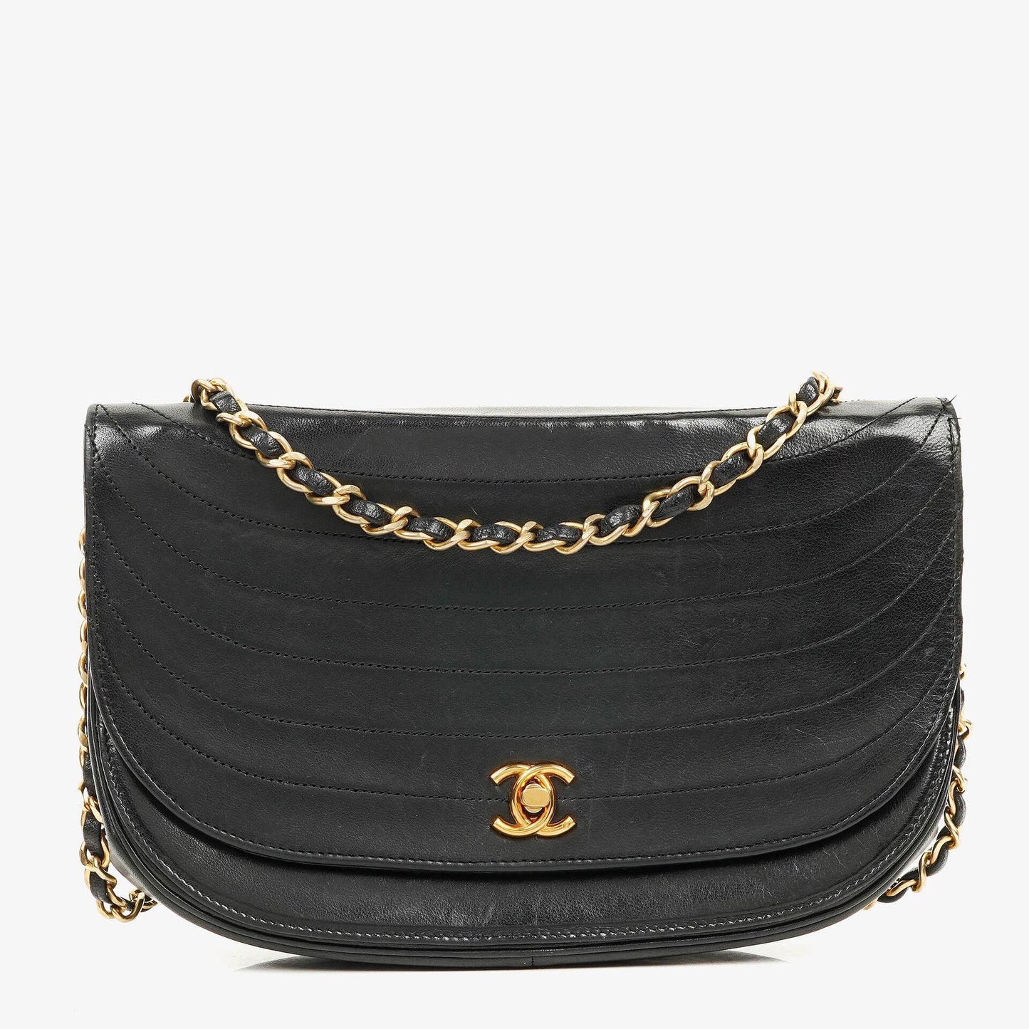 Chanel Classic Lambskin Half Moon Black Flap Bag With 24K Gold-Plated Hardware