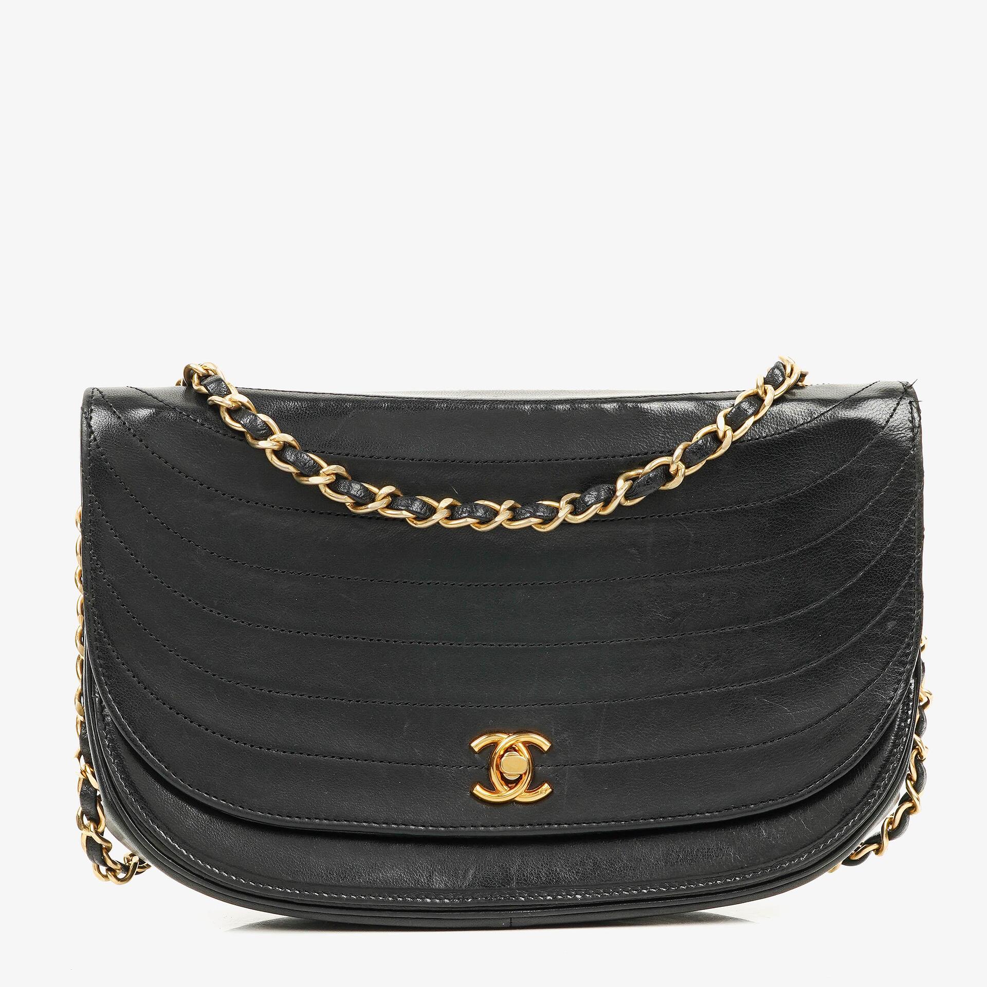 Chanel Classic Lambskin Half Moon Black Flap Bag With 24K Gold-Plated Hardware