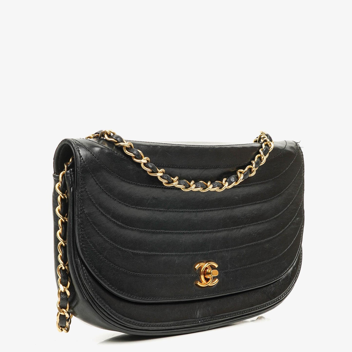 Chanel Classic Lambskin Half Moon Black Flap Bag With 24K Gold-Plated Hardware