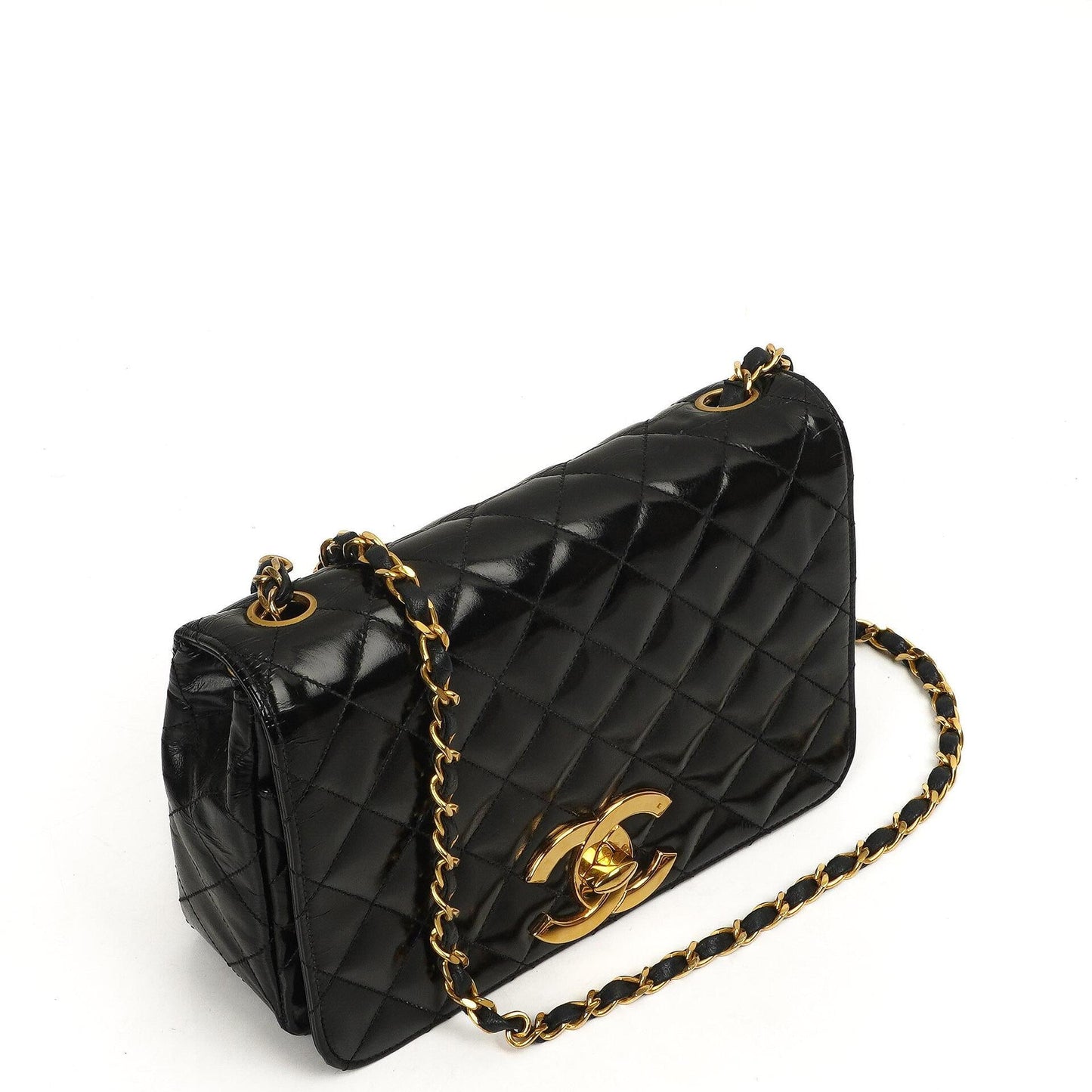 Chanel Classic Maxi Logo Full Flap Bag Black Quilted Patent Leather With 24K Gold-Plated Hardware