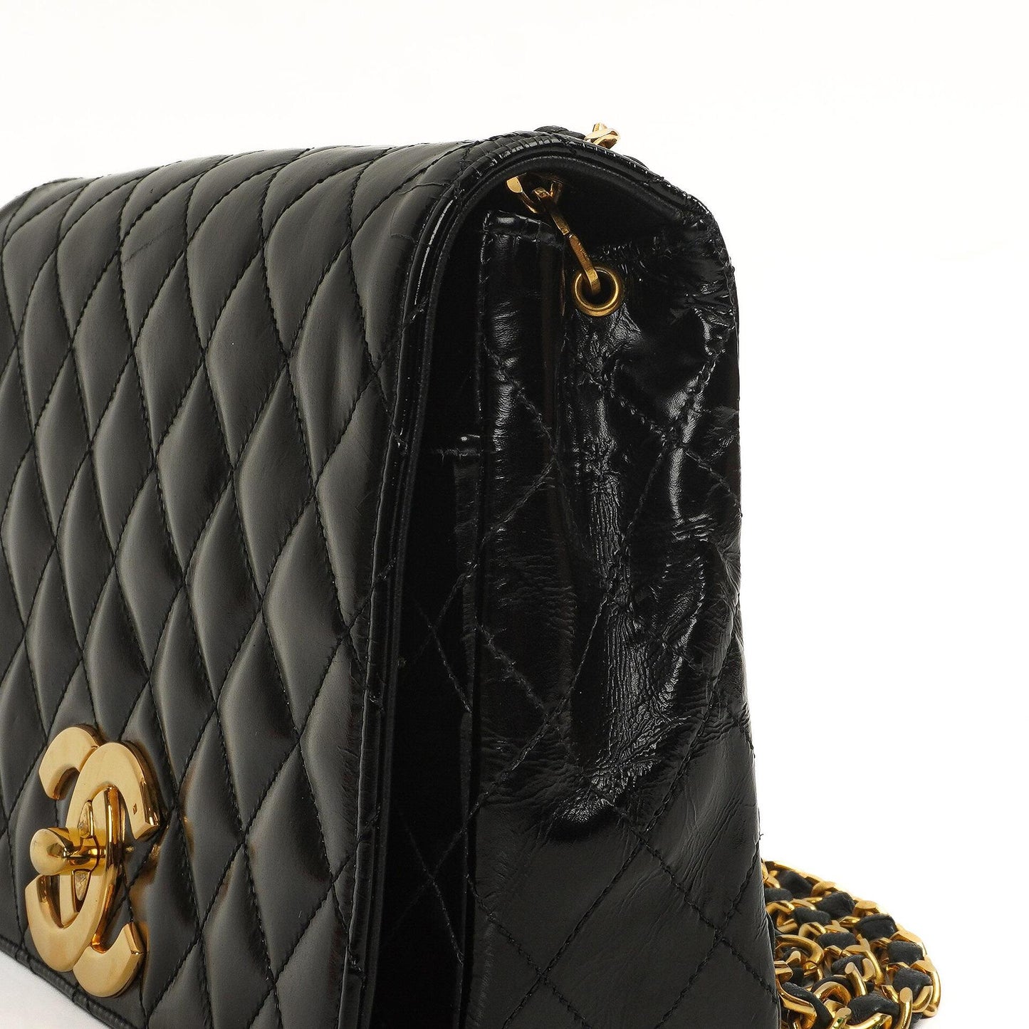 Chanel Classic Maxi Logo Full Flap Bag Black Quilted Patent Leather With 24K Gold-Plated Hardware