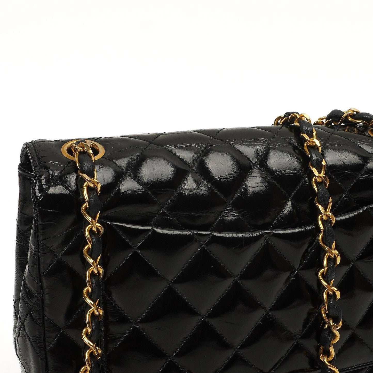 Chanel Classic Maxi Logo Full Flap Bag Black Quilted Patent Leather With 24K Gold-Plated Hardware