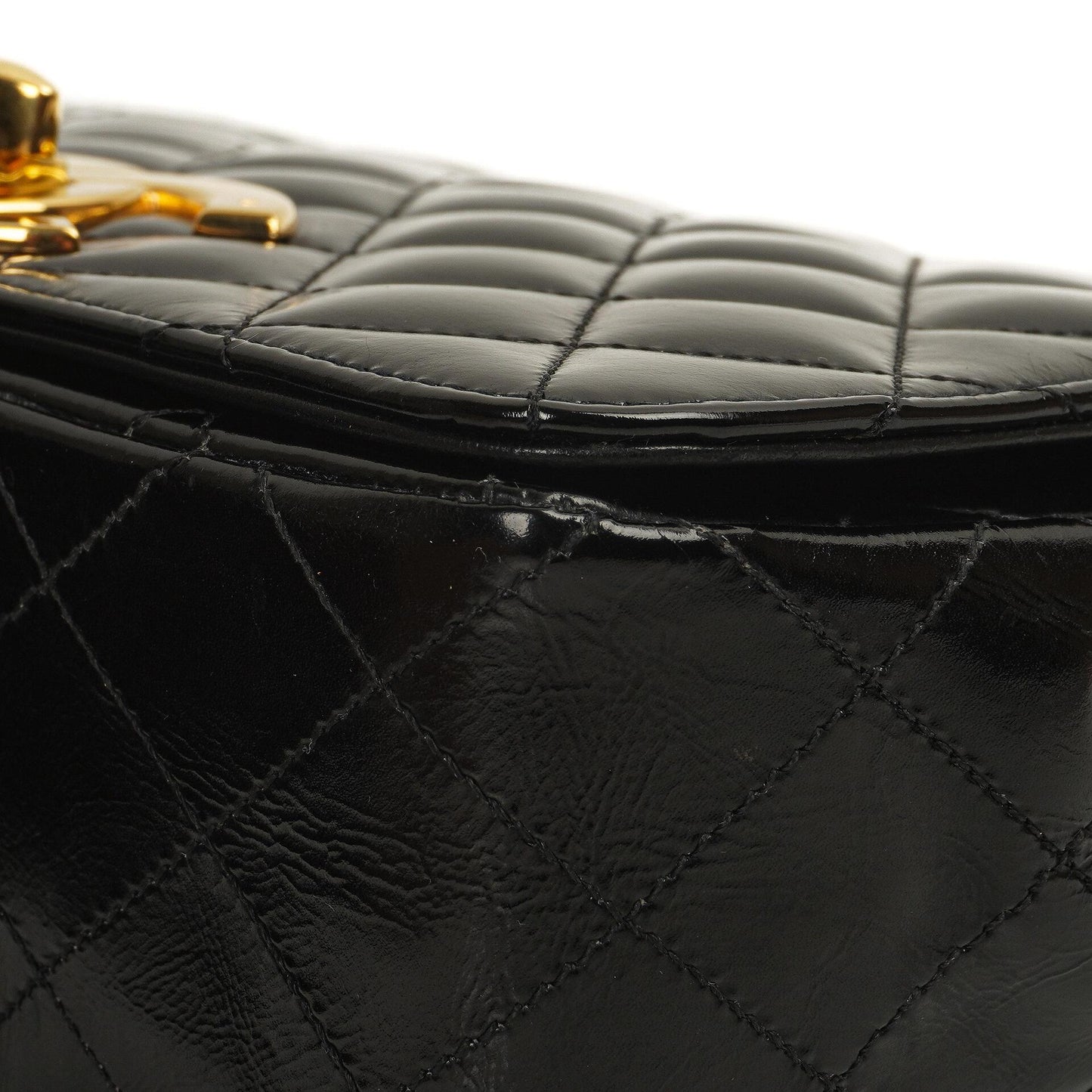 Chanel Classic Maxi Logo Full Flap Bag Black Quilted Patent Leather With 24K Gold-Plated Hardware