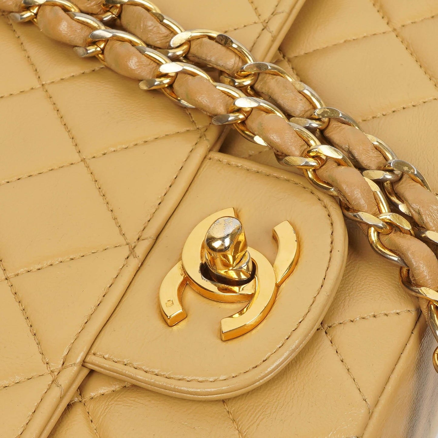 Chanel Classic Medium Double Flap Bag In Beige Quilted Lambskin And 24K Gold-Plated Hardware