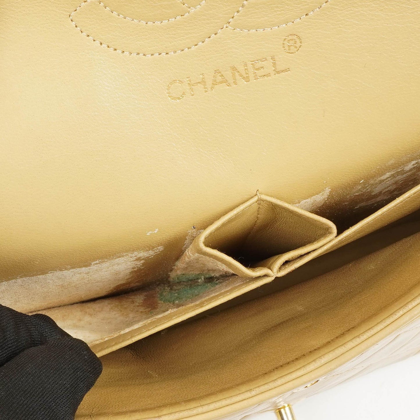 Chanel Classic Medium Double Flap Bag In Beige Quilted Lambskin And 24K Gold-Plated Hardware