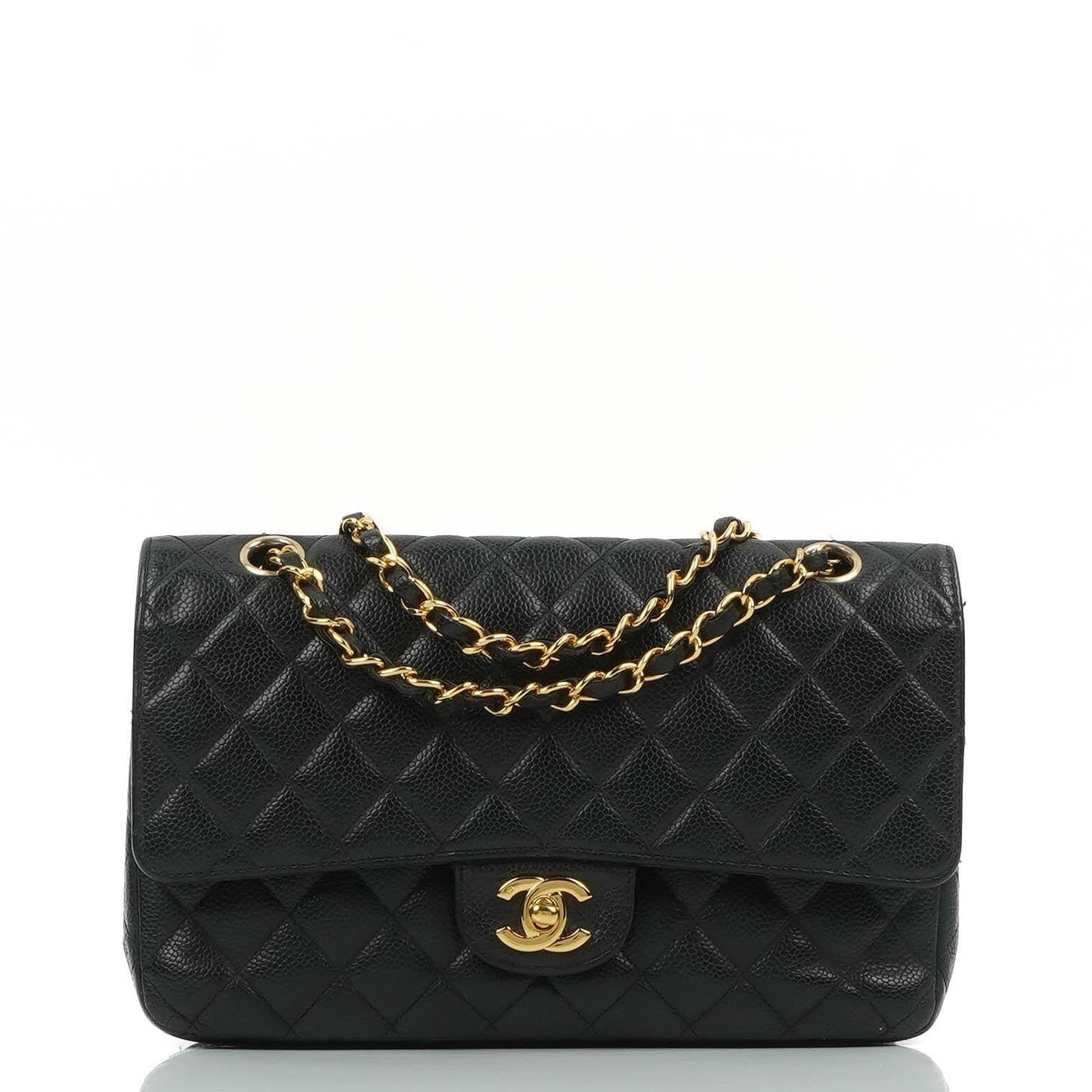 Chanel Classic Medium Double Flap Bag In Black Quilted Caviar Leather With 24K Gold-Plated Hardware