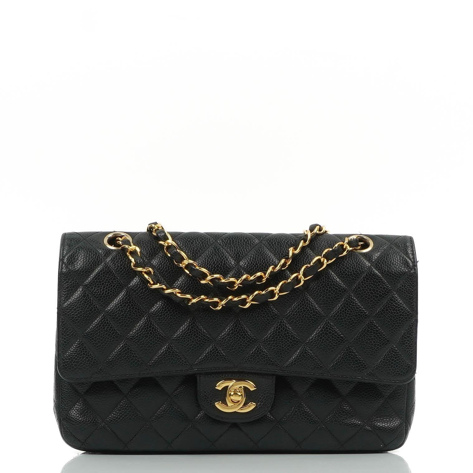 Chanel Classic Medium Double Flap Bag In Black Quilted Caviar Leather With 24K Gold-Plated Hardware