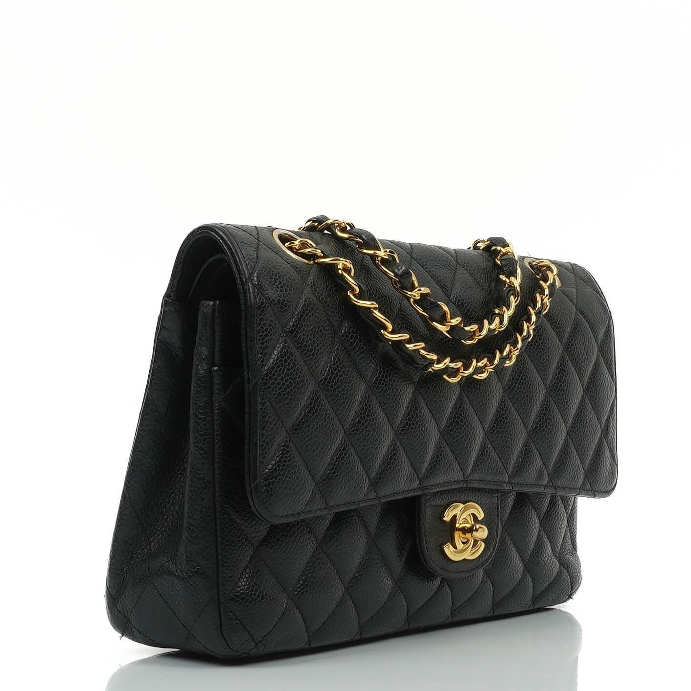 Chanel Classic Medium Double Flap Bag In Black Quilted Caviar Leather With 24K Gold-Plated Hardware