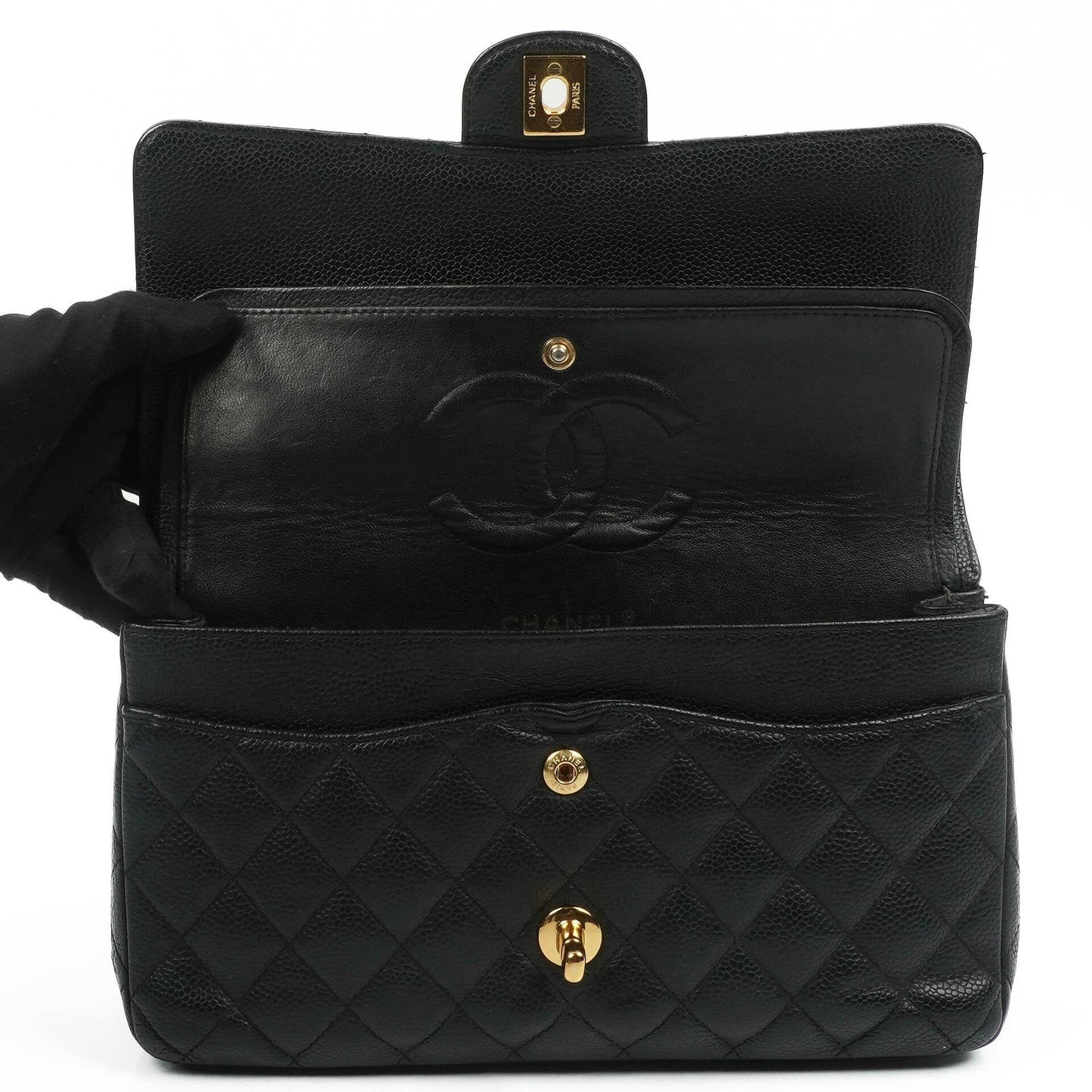 Chanel Classic Medium Double Flap Bag In Black Quilted Caviar Leather With 24K Gold-Plated Hardware