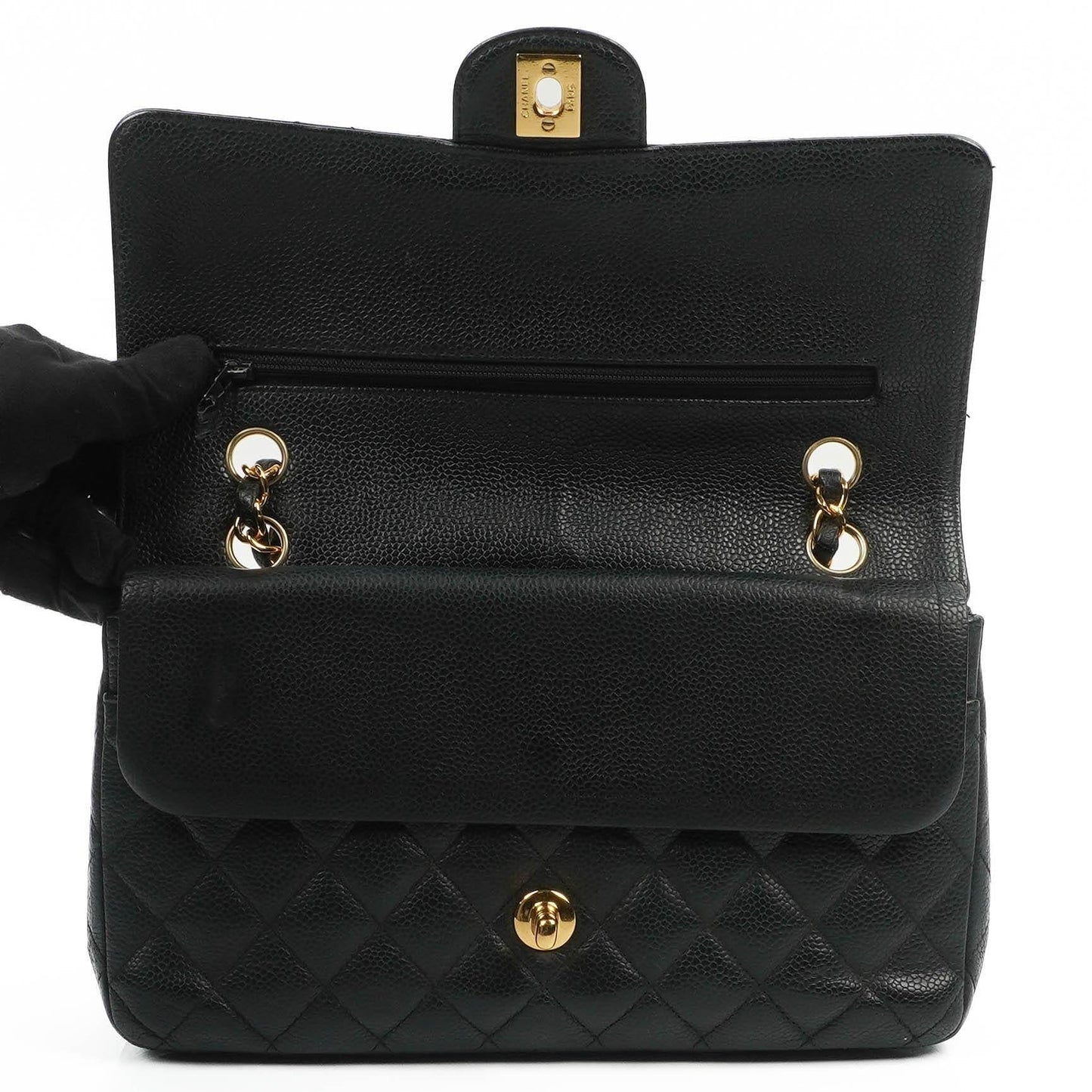 Chanel Classic Medium Double Flap Bag In Black Quilted Caviar Leather With 24K Gold-Plated Hardware