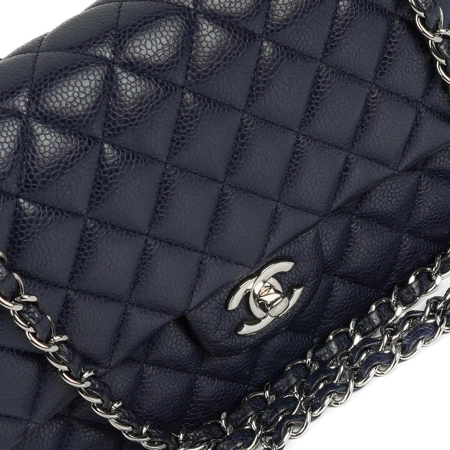 Chanel Classic Medium Double Flap Bag In Navy Quilted Caviar Leather And Silver-Tone Hardware