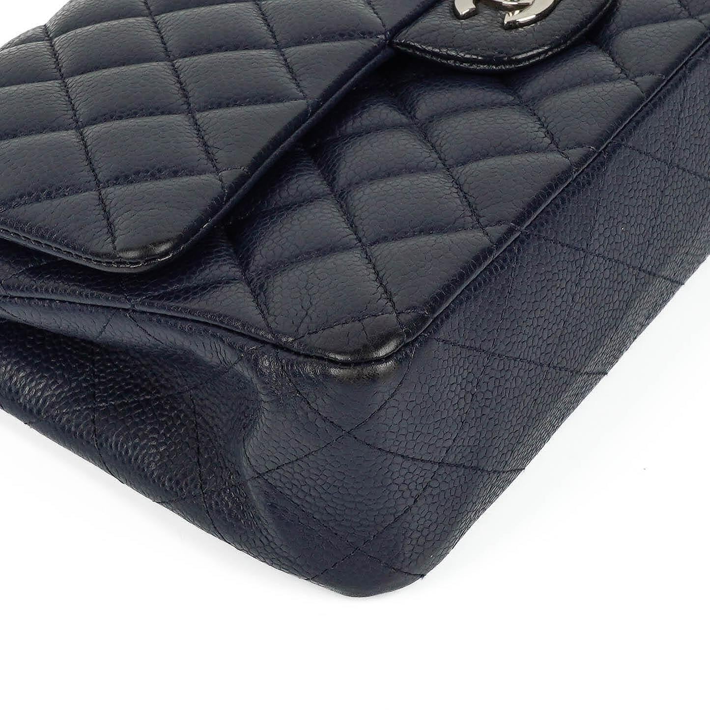 Chanel Classic Medium Double Flap Bag In Navy Quilted Caviar Leather And Silver-Tone Hardware