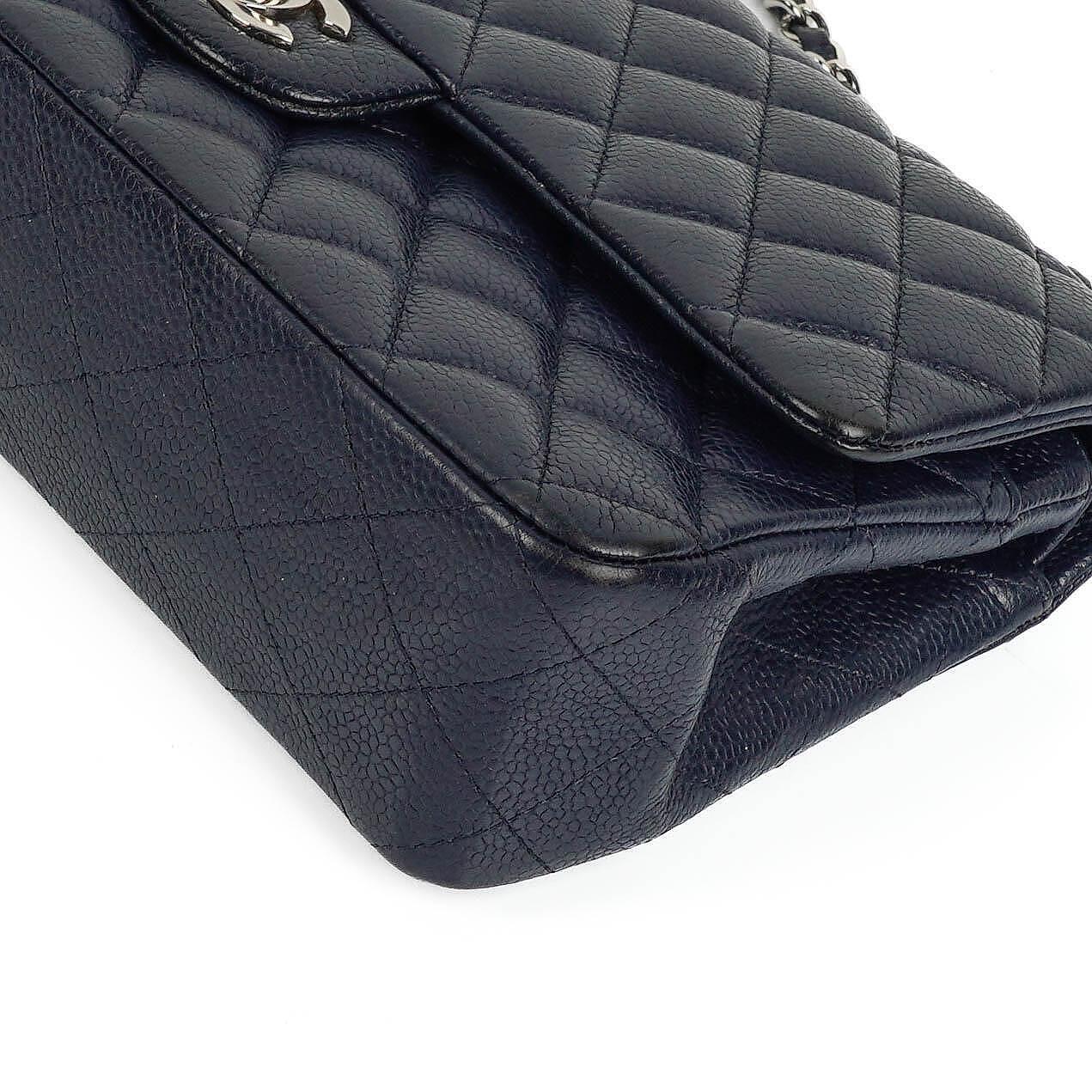 Chanel Classic Medium Double Flap Bag In Navy Quilted Caviar Leather And Silver-Tone Hardware