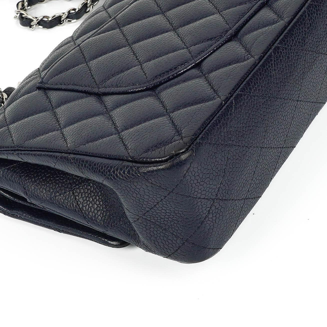 Chanel Classic Medium Double Flap Bag In Navy Quilted Caviar Leather And Silver-Tone Hardware